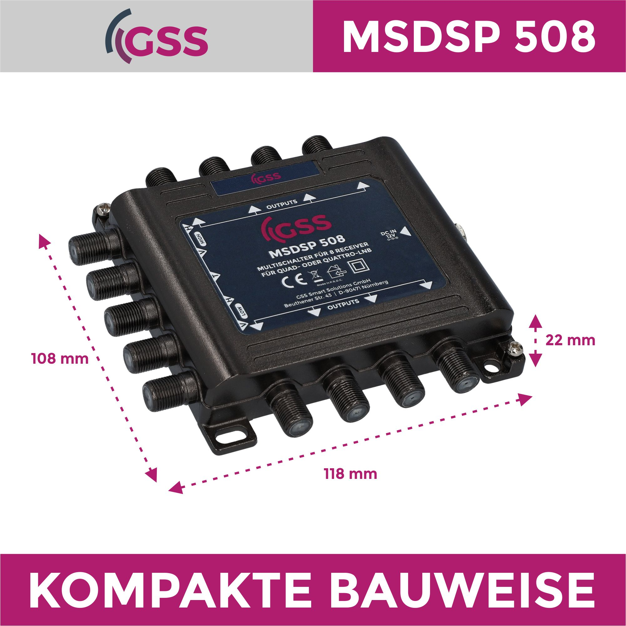 Ein schwarzes Gerät mit Anschlüssen und Abmessungen in einer Box.