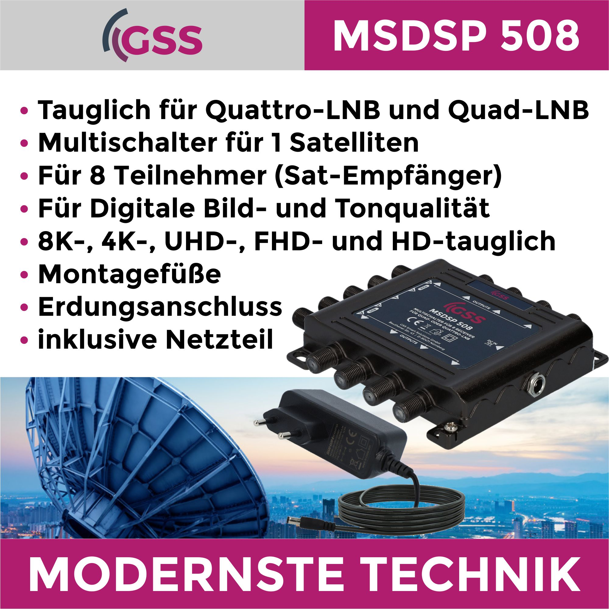 Ein schwarzes elektronisches Gerät mit Netzteil, Kabeln und blauem Hintergrund.