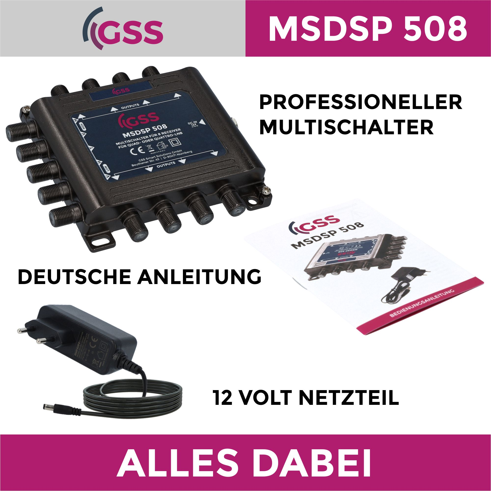 Ein schwarzes elektronisches Gerät mit Kabeln und Anweisungen.