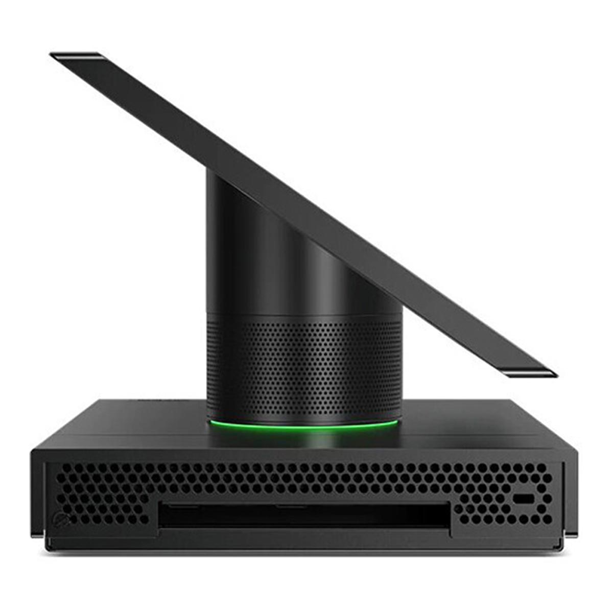 Czarna podstawa głośnika z czarnym, kątowym ekranem i zielonym światłem.