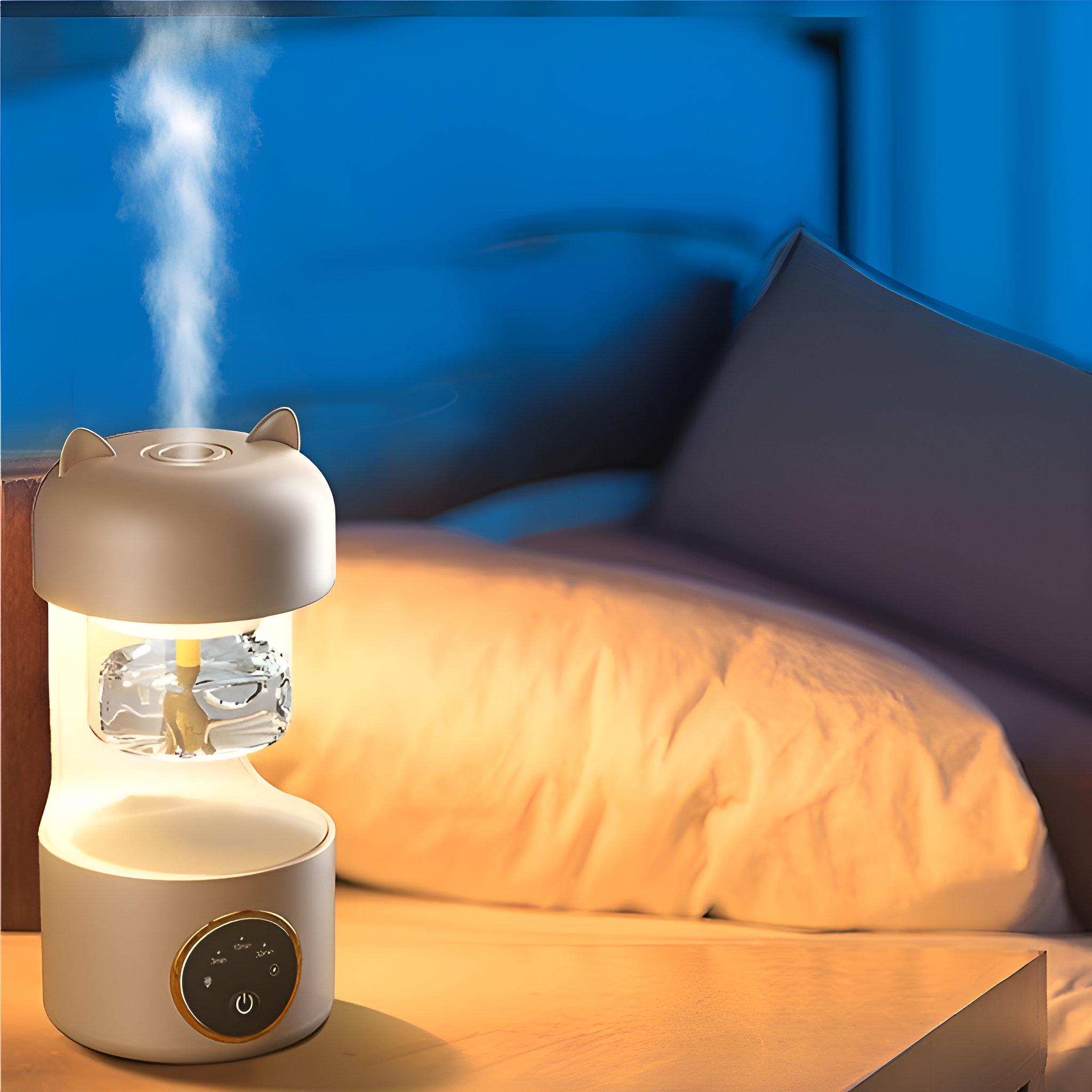 Ein Luftbefeuchter in einem Schlafzimmer auf einem Nachttisch.