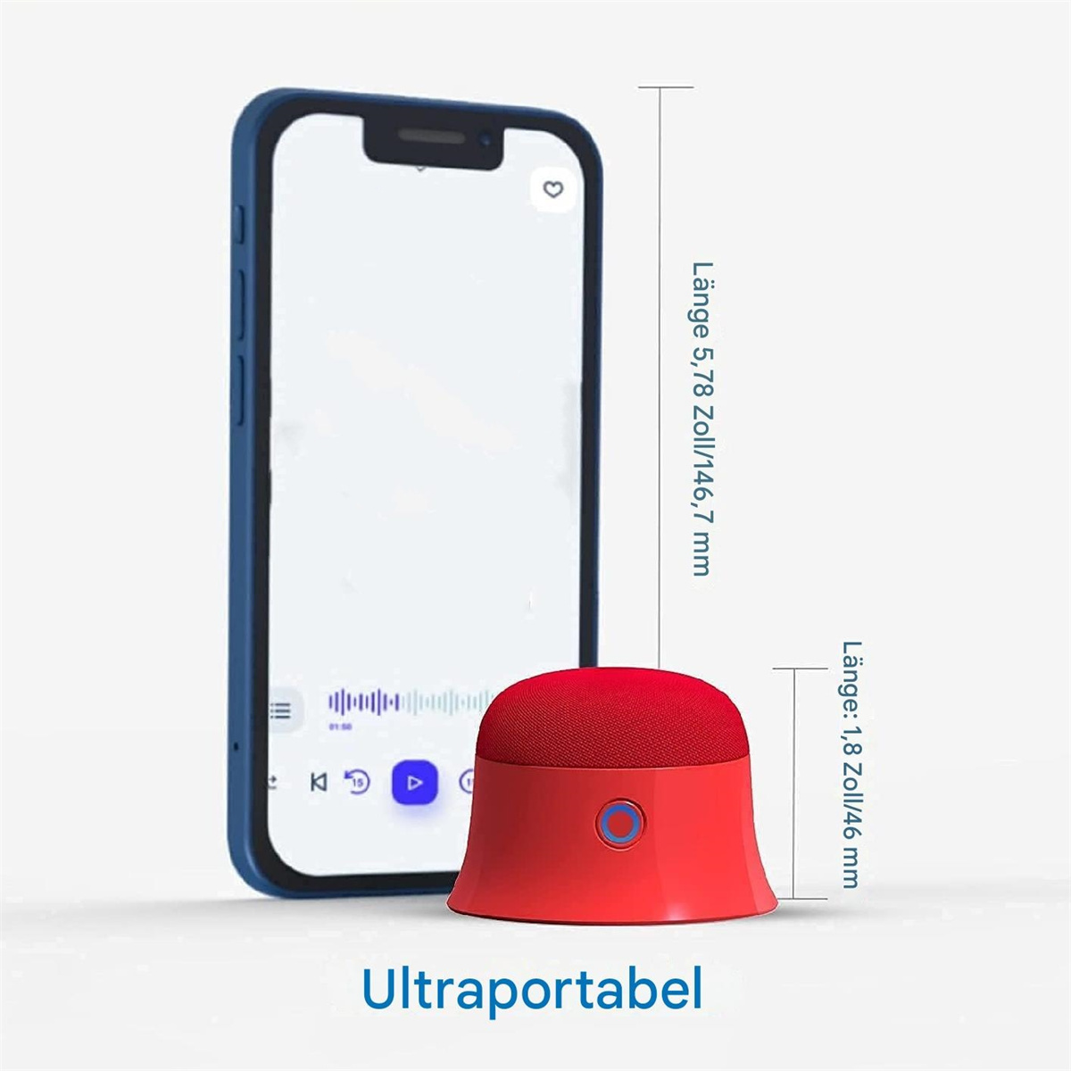 Ein roter Lautsprecher steht neben einem blauen Telefon. Abmessungen: 5,78 Zoll Länge, 1,8 Zoll.