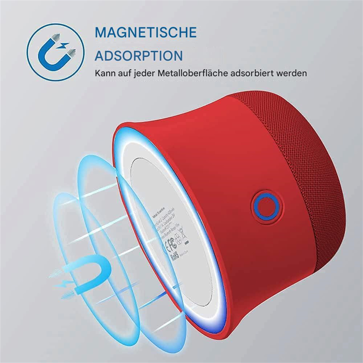 Runder roter Lautsprecher mit blauem Ringlicht und Magnetfeldlinien, mit blauem Logo darüber.