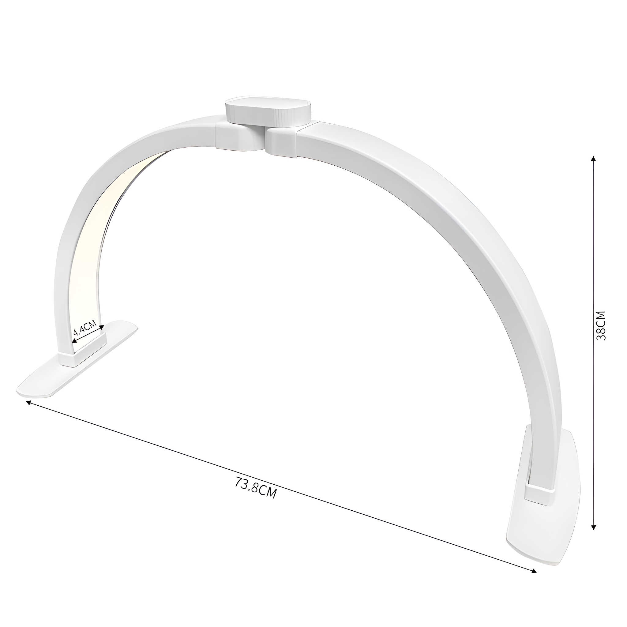 Weiße, bogenförmige Schreibtischlampe mit beschrifteten Abmessungen, auf weißer Oberfläche.