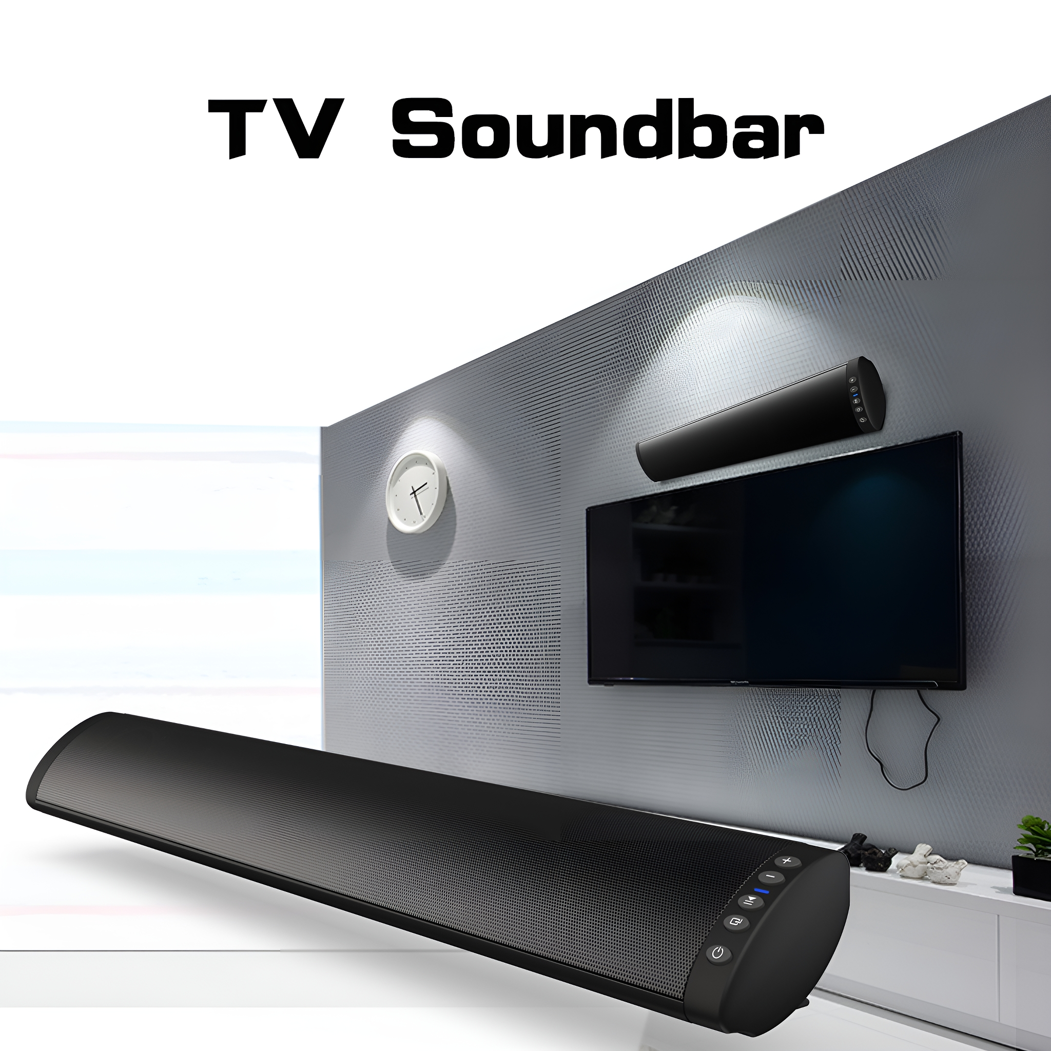 Eine schwarze TV-Soundbar, an einer grauen Wand über einem Fernseher montiert.