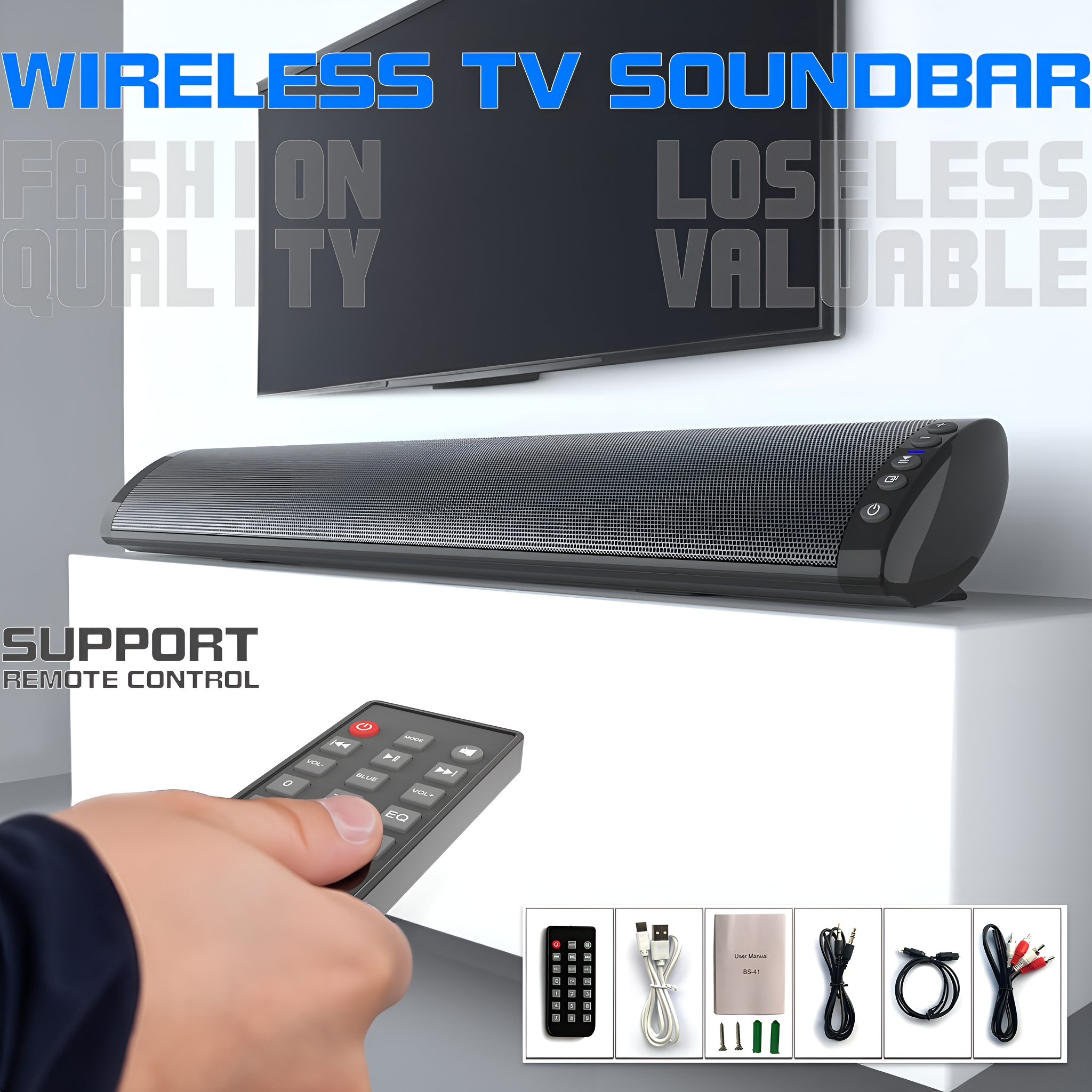 Soundbar unter einem Fernseher, mit Fernbedienung und Zubehör. Worte: Wireless, Fashion, Qualität, und mehr.