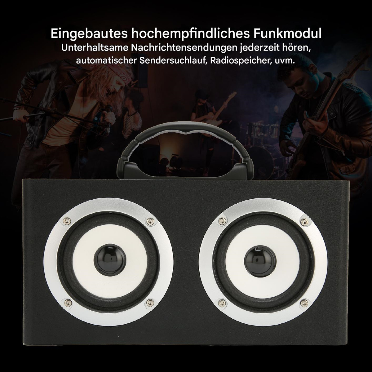 Schwarzer Lautsprecher mit zwei weißen Lautsprechern. Text auf Deutsch über Funktionen & Band im Hintergrund.