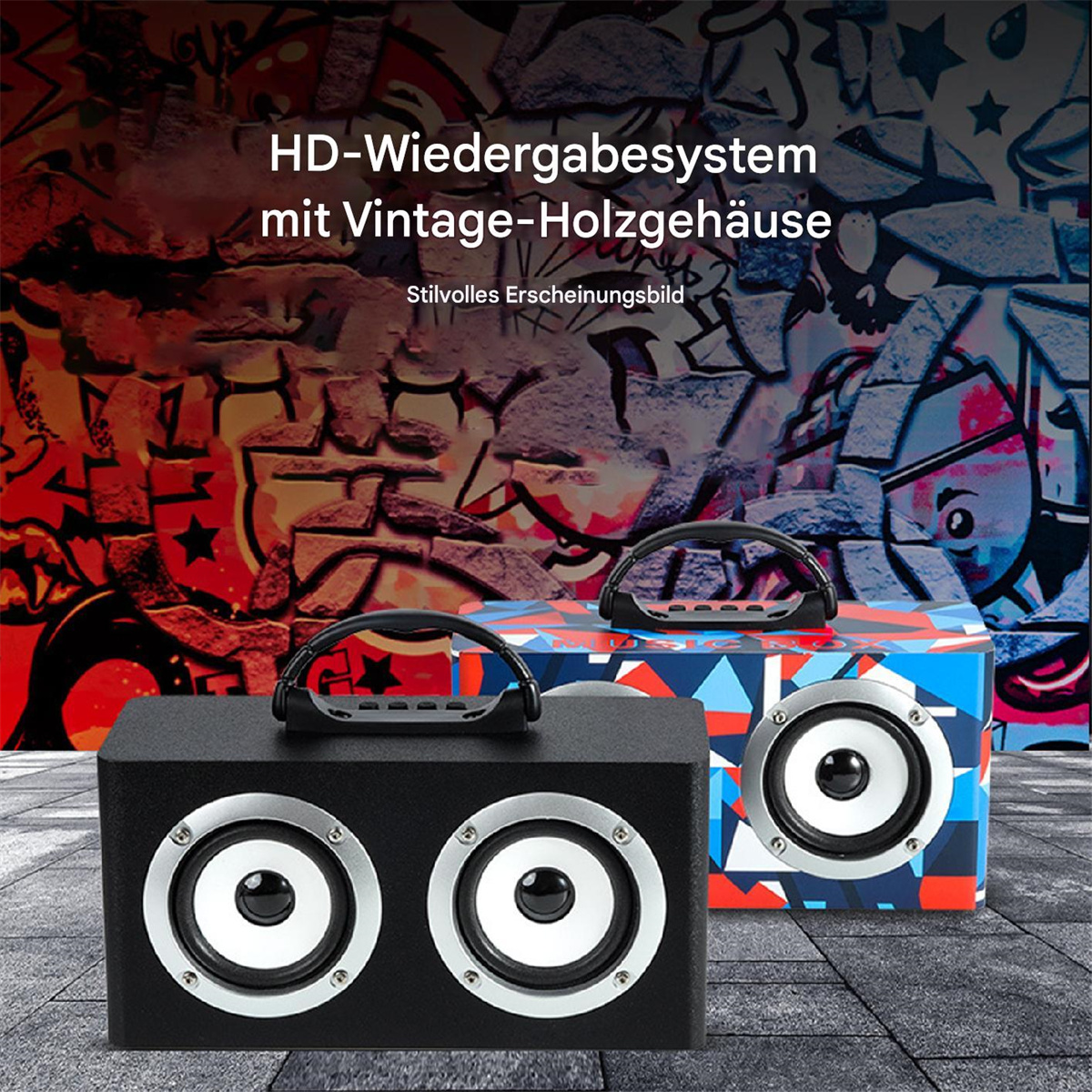 Zwei Lautsprecher mit einem schwarzen und einem bunten Gehäuse, mit Graffiti-Hintergrund.
