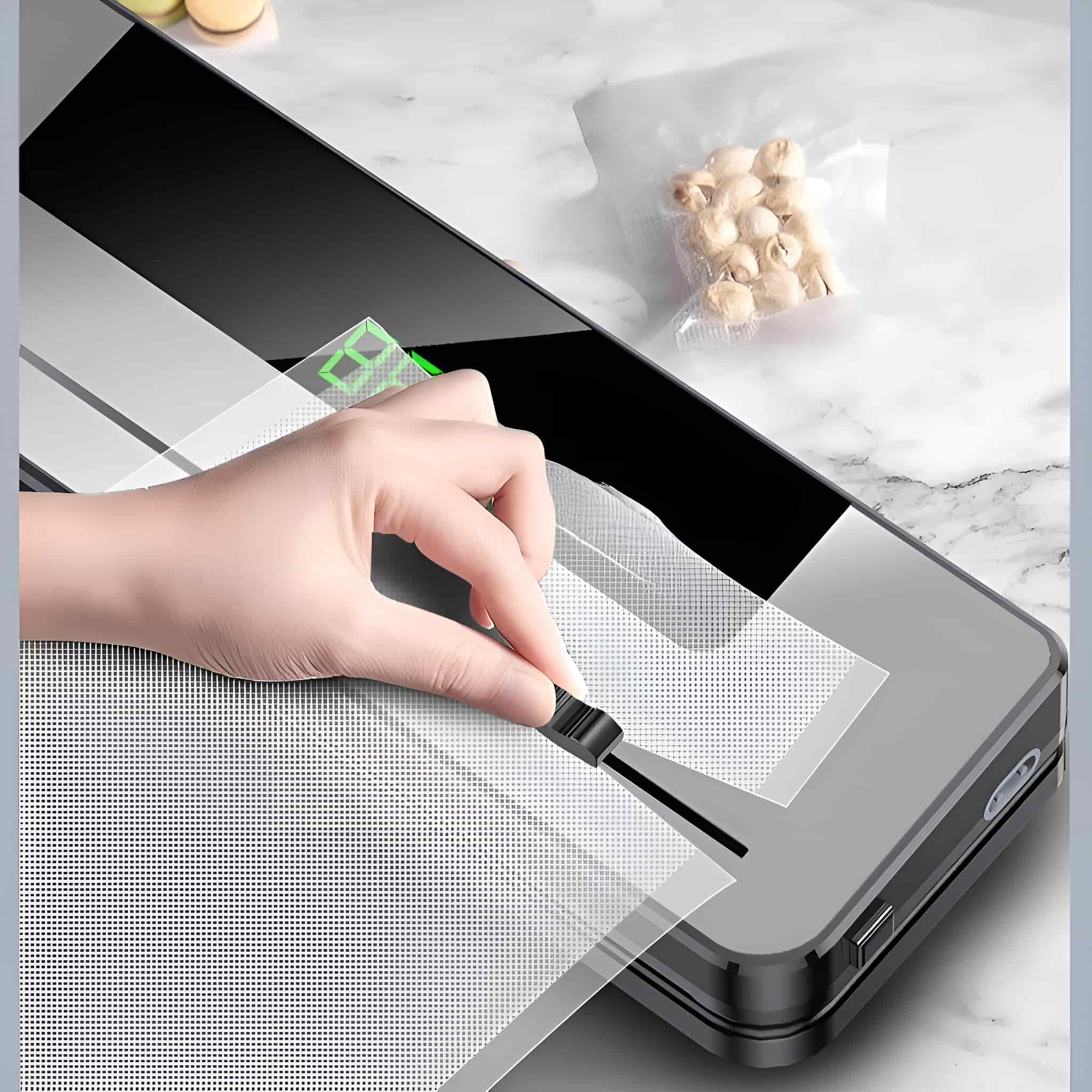 Eine Hand, die eine Displayschutzfolie von einem Gerät abzieht, im Hintergrund eine Tüte Essen.