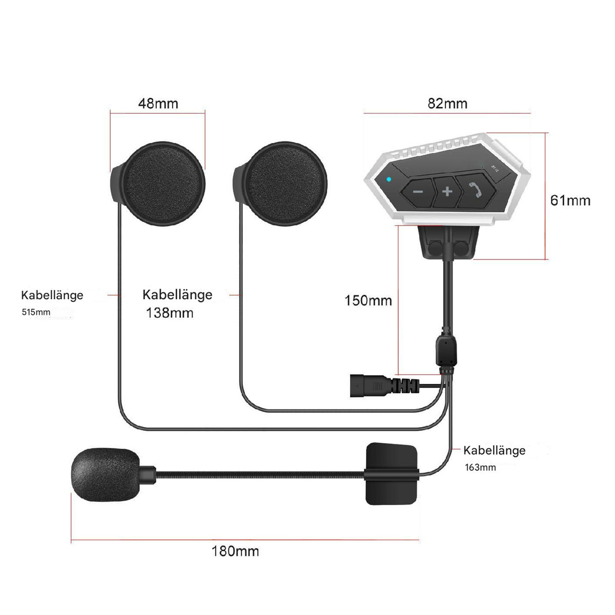 Ein schwarz-weißes Intercom-Set mit Abmessungen in Millimetern, verbunden durch Kabel.