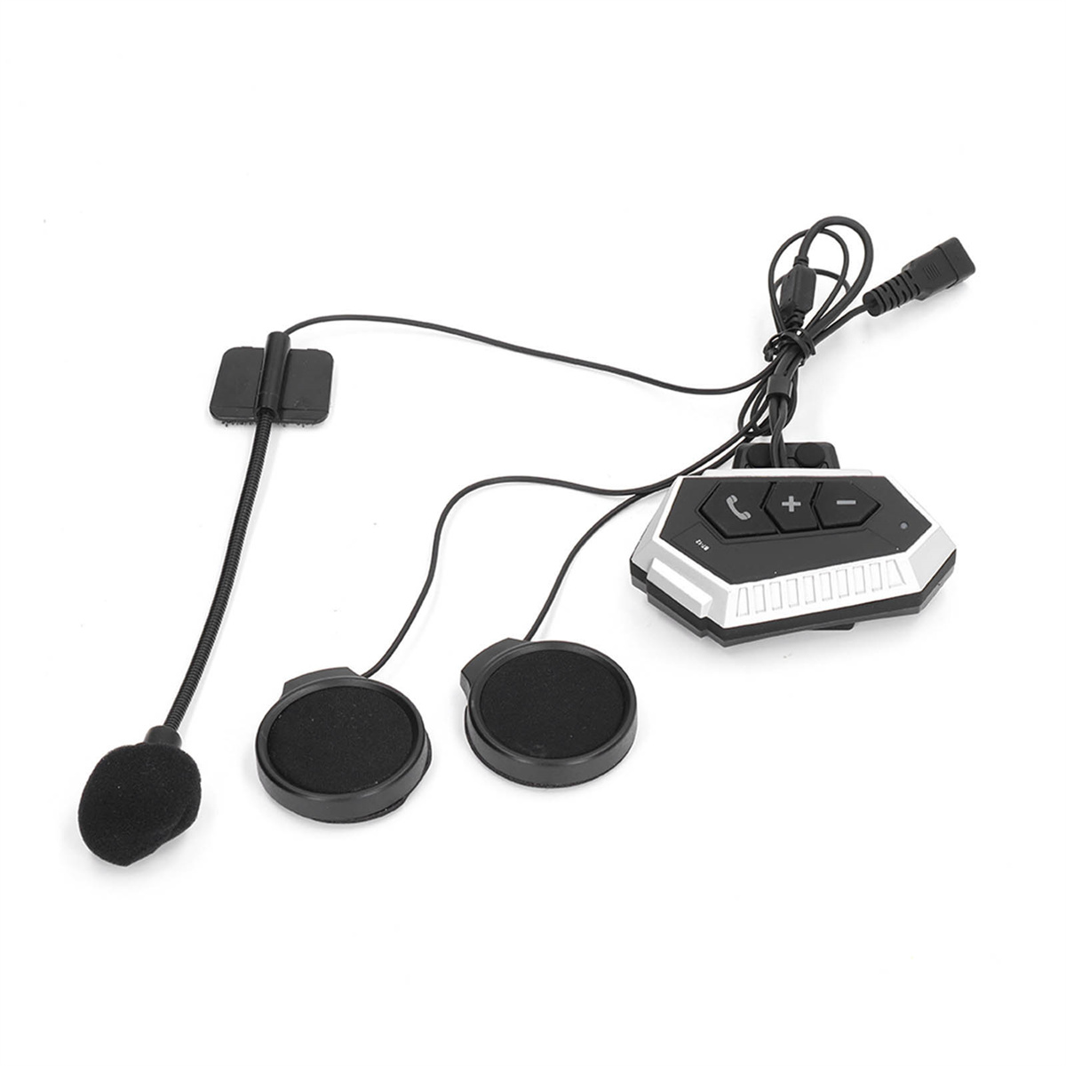 Motorradhelm-Intercom-System. Enthält eine Steuereinheit, zwei Ohrlautsprecher und ein Mikrofon.