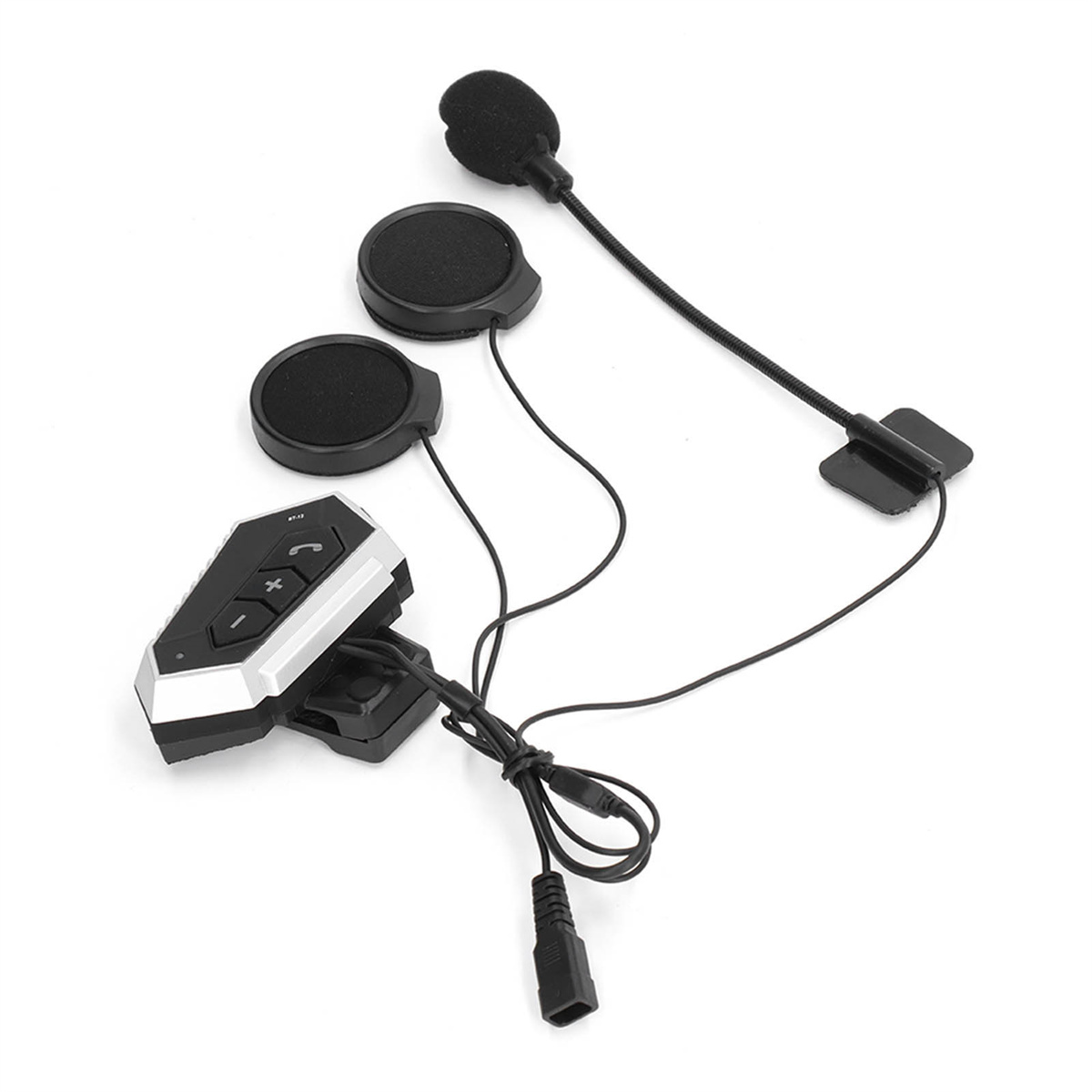Motorradhelm-Audio-Set mit zwei Lautsprechern, einem Mikrofon und einer Steuereinheit verbunden.