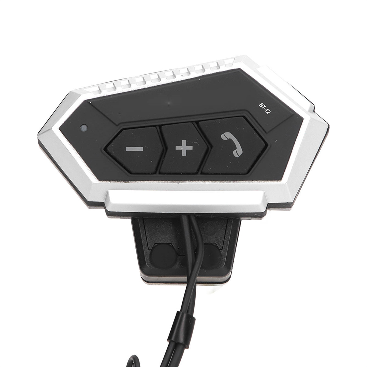 Schwarze und silberne Bluetooth-Gegensprechanlage mit Tasten und Mikrofonanschluss.