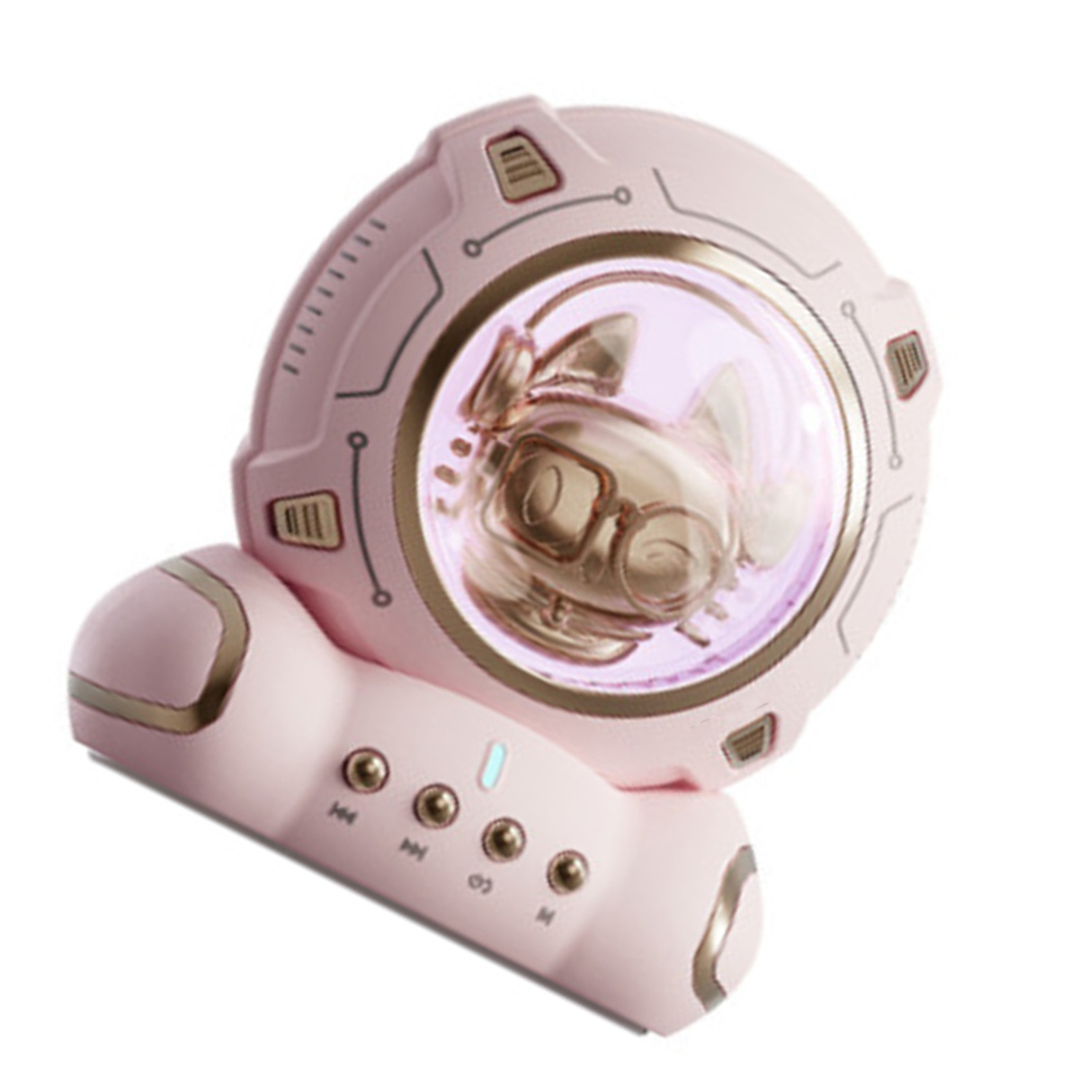 Ein rosa-goldener Lautsprecher mit Cartoon-Astronauten-Design.