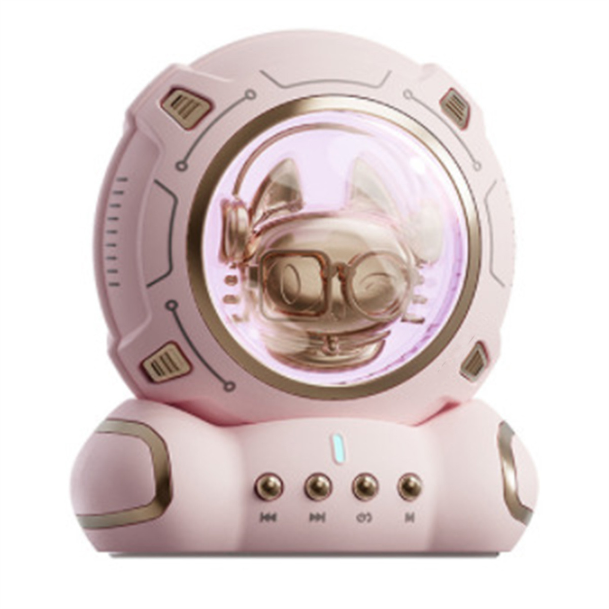 Ein rosa Lautsprecher in Weltraumhelmform mit Knöpfen auf weißem Grund.