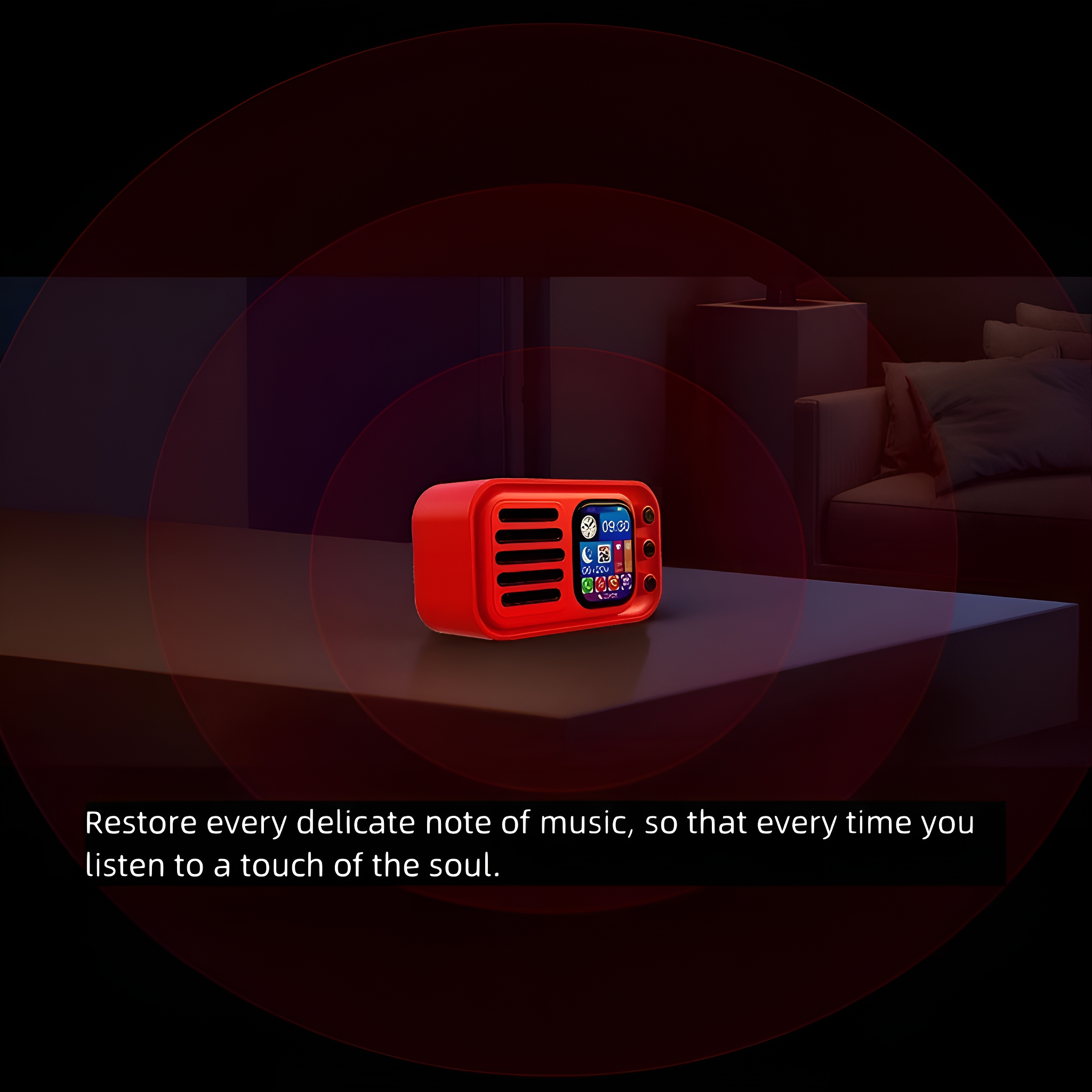 Ein rotes Retro-Radio mit einem Bildschirm, umgeben von roten Schallwellen.