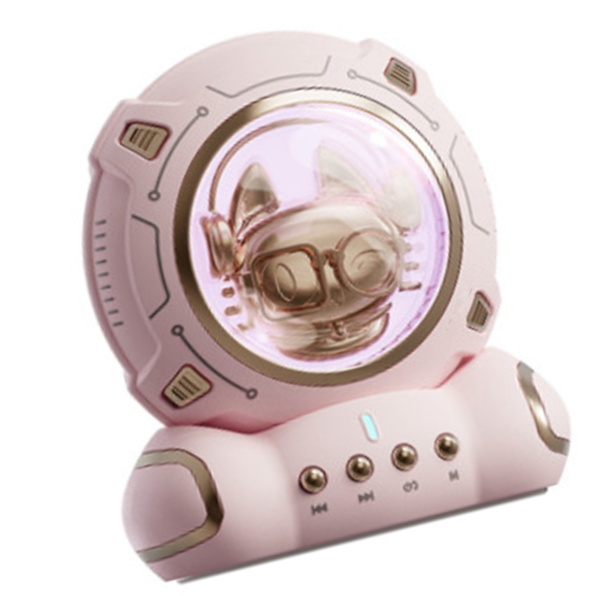 Rosa Lautsprecher im Astronauten-Design mit Katze. Knöpfe und Lichter unten.