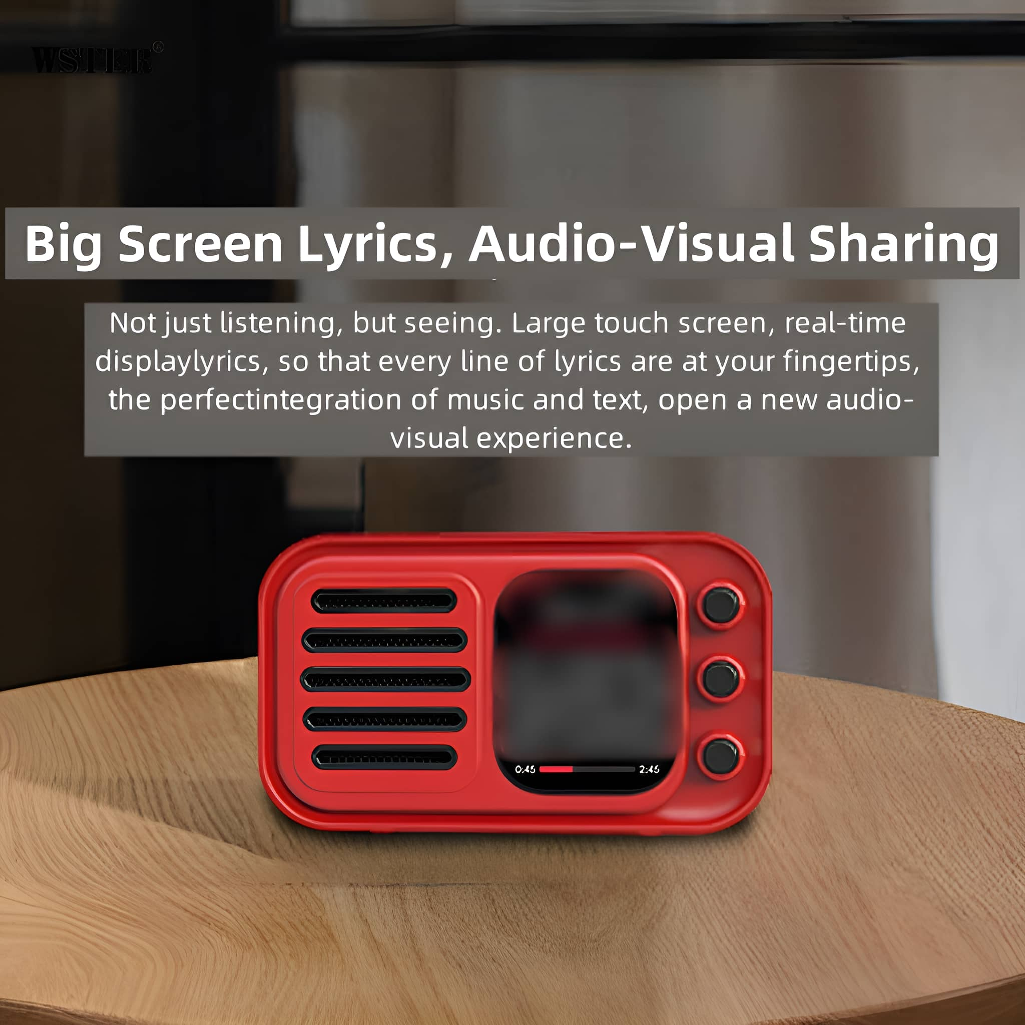 Ein rotes Retro-Radio steht auf einer Holzoberfläche, mit Text auf dem Bild.