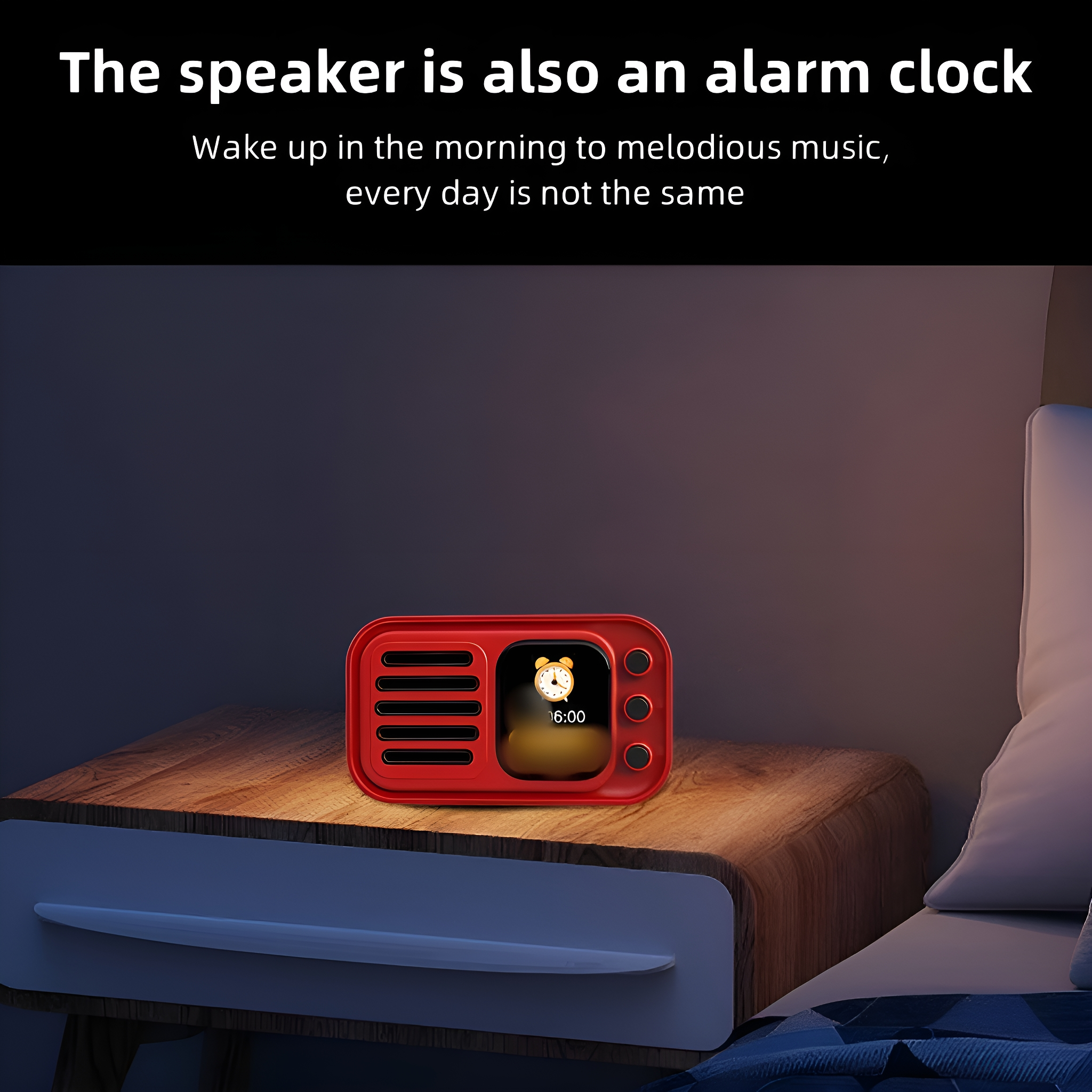Ein roter Wecker im Retro-Stil auf einem Nachttisch in einem Schlafzimmer.