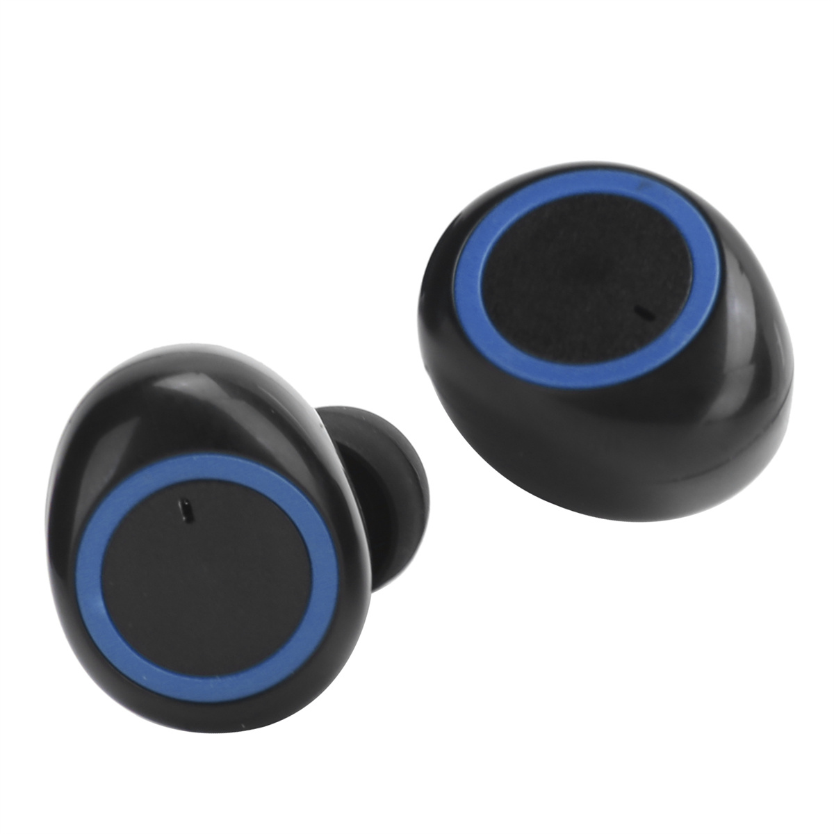 Zwei schwarze Ohrhörer mit blauen Ringen. Weißer Hintergrund.