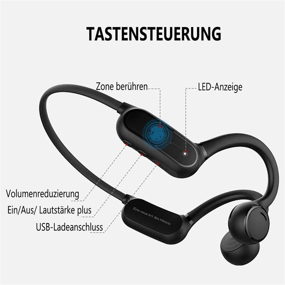 Kopfhörer mit Steuertasten und USB-Anschluss.