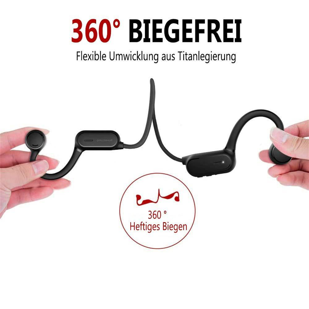 Schwarze kabellose Ohrhörer mit flexiblem Bügel und einer Hand, die ihn biegt.