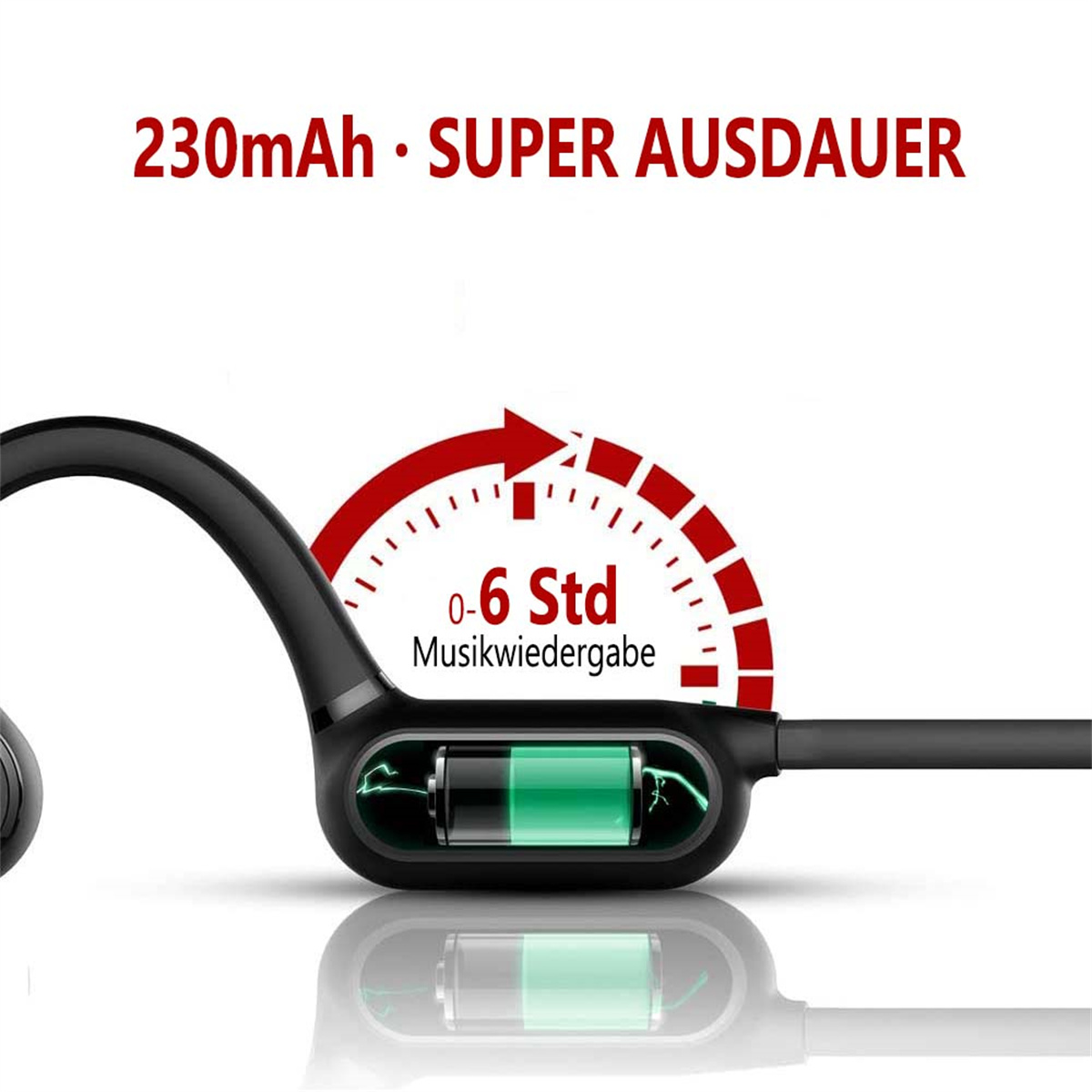 Kopfhörer mit Batterieanzeige. Die Batterie zeigt grün und der Text lautet 0-6 Stunden.