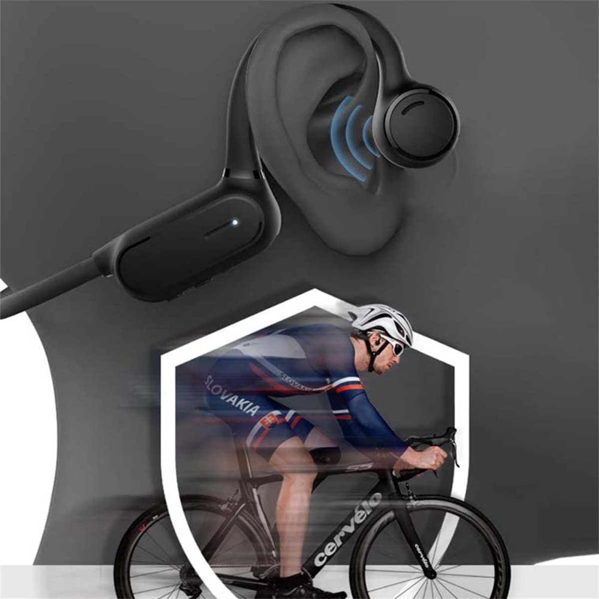 Schwarze Knochenschall-Kopfhörer mit Radfahrer. Der Radfahrer trägt Helm und fährt Fahrrad.
