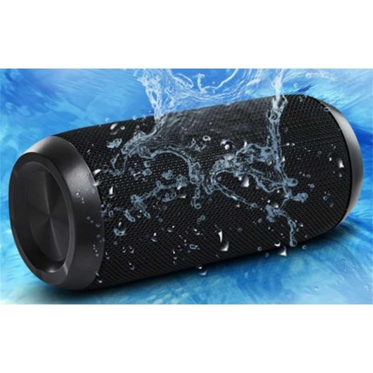 Schwarzer, zylindrischer Lautsprecher mit Wassertropfen. Blauer Wasserhintergrund.