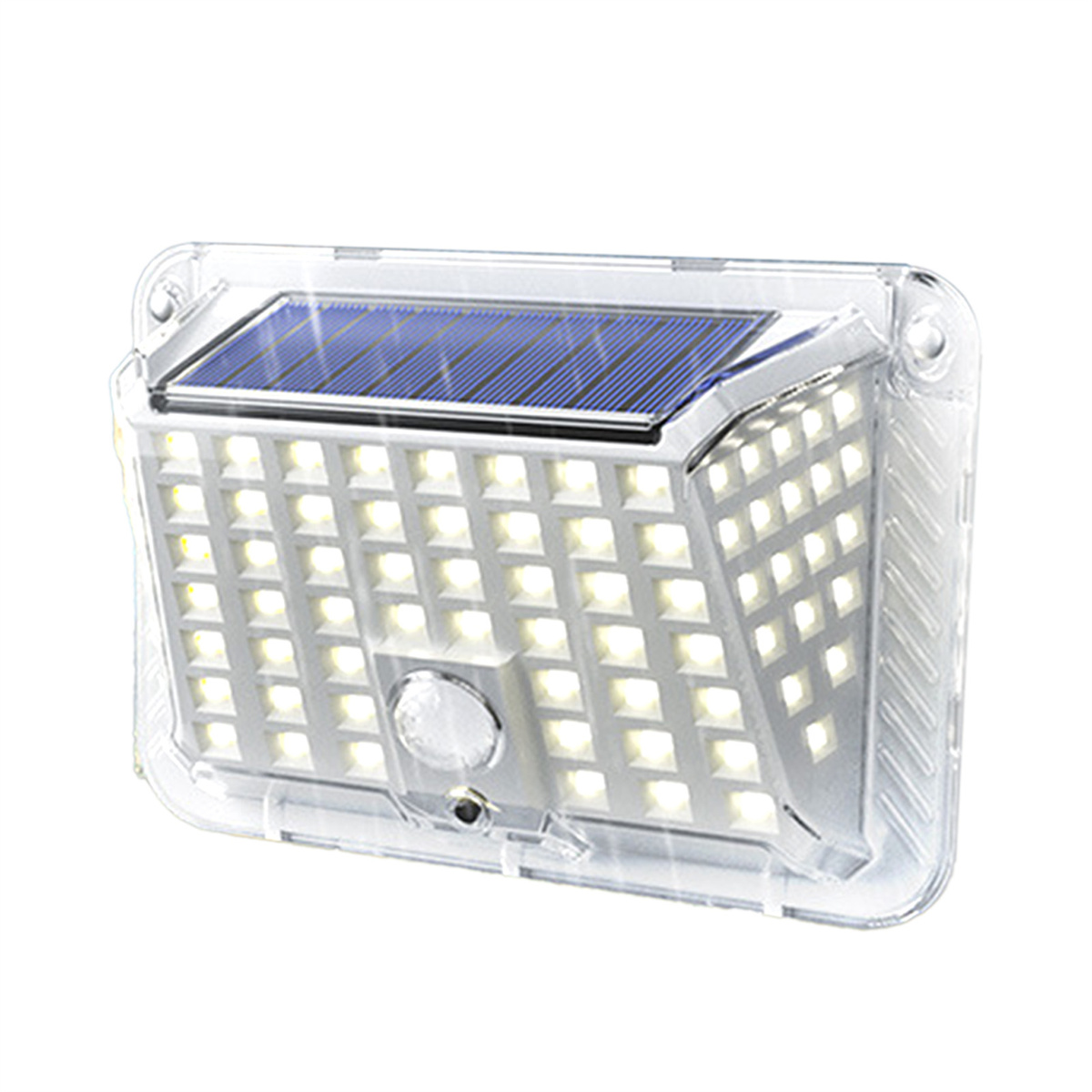Eine solarbetriebene Leuchte mit vielen weißen LEDs. Rechteckige Form und transparente Kunststoffabdeckung.