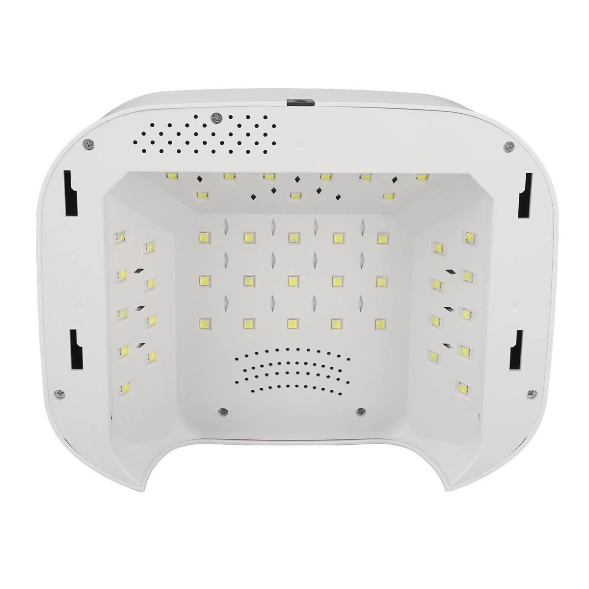 Eine weiße Nagellampe mit vielen LED-Leuchten im Inneren, schräge Ansicht.