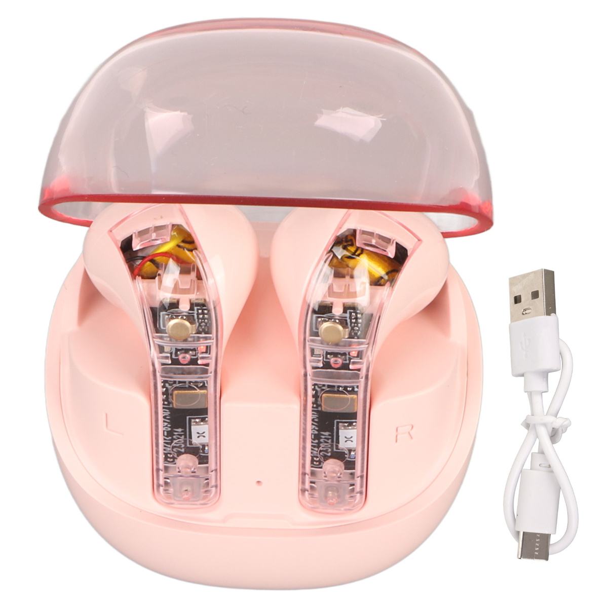 Rosa Ohrhörer-Ladecase, zwei Ohrhörer darin und ein USB-Kabel. Transparente obere Abdeckung. Weißer Hintergrund.