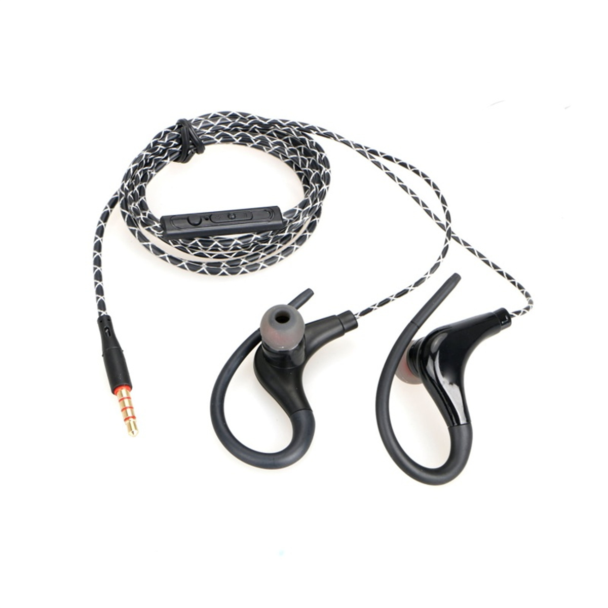 Schwarz-weiße kabelgebundene Ohrhörer. Das Kabel ist schwarz-weiß. Ohrhörer sind schwarz.