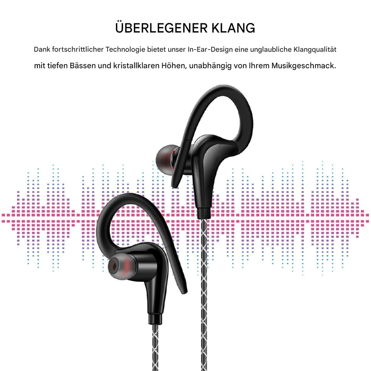 Schwarze In-Ear-Kopfhörer mit Text, der die Klangqualität beschreibt.