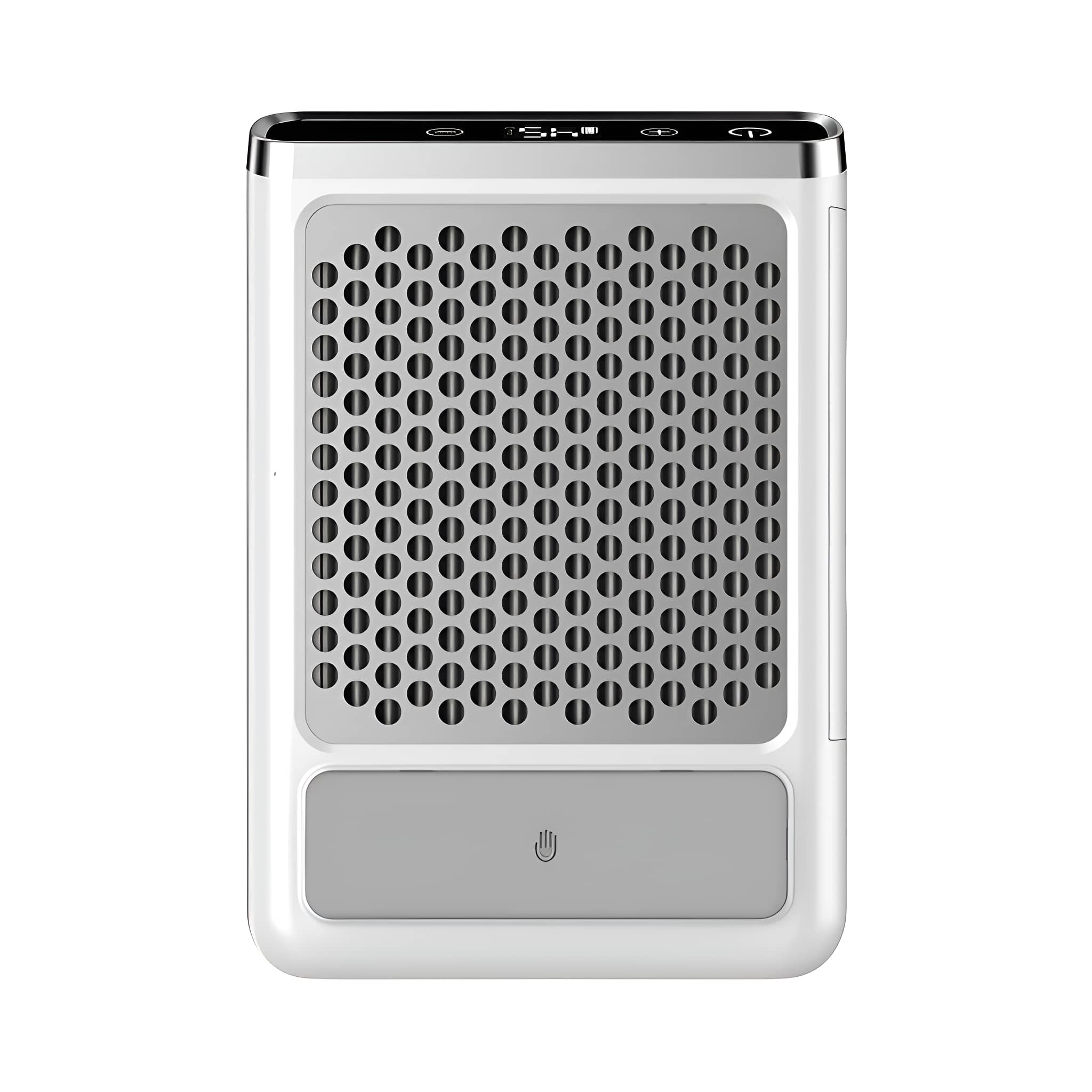 Ein weiß-graues Gerät mit vielen Löchern und einem grauen Grill. Unten befindet sich ein graues Panel.