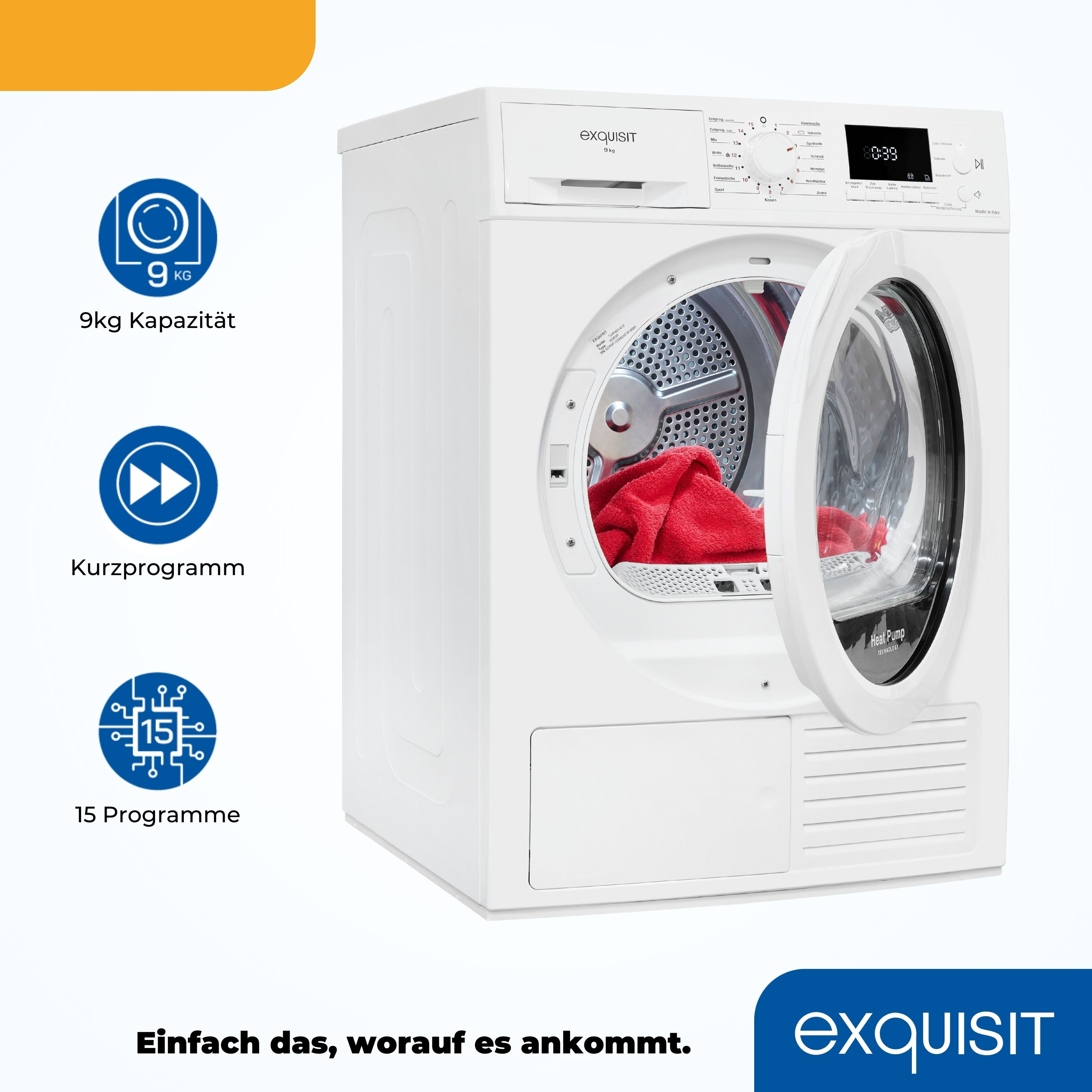 Weißer Exquisit-Trockner mit offener Tür, rotem Handtuch und Icons für Funktionen und Kapazität.