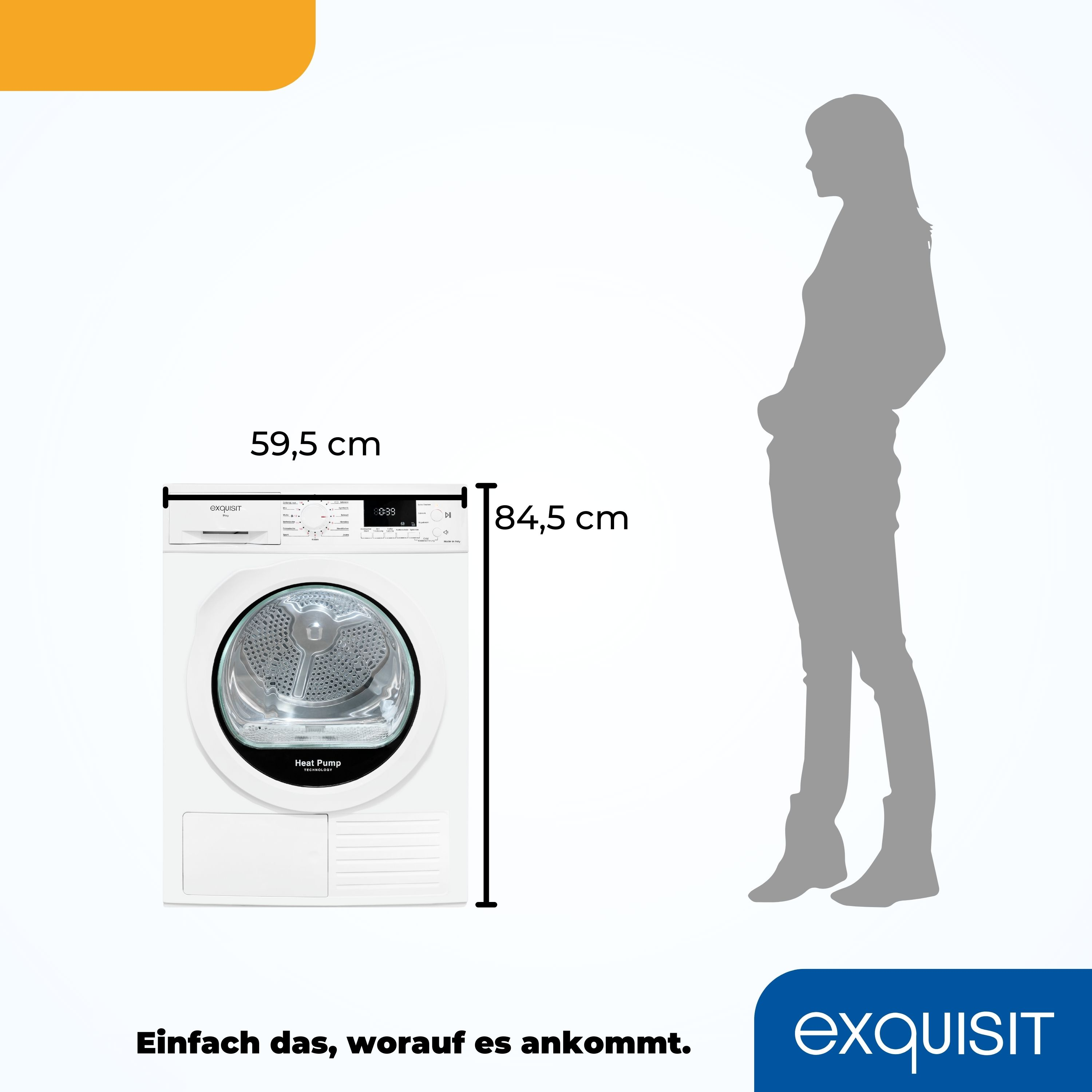 Ein weißer Trockner mit einer Personensilhouette und Maßangaben.