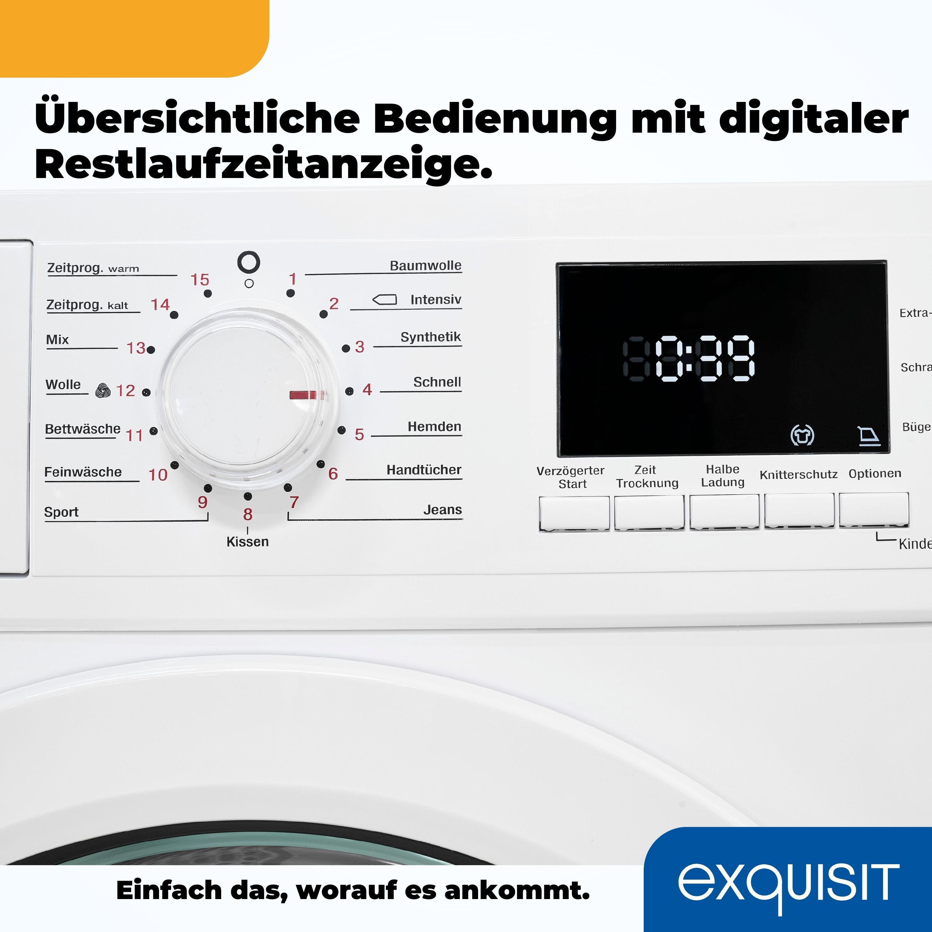 Ein Bedienfeld einer Waschmaschine mit Digitalanzeige und verschiedenen Programmen.