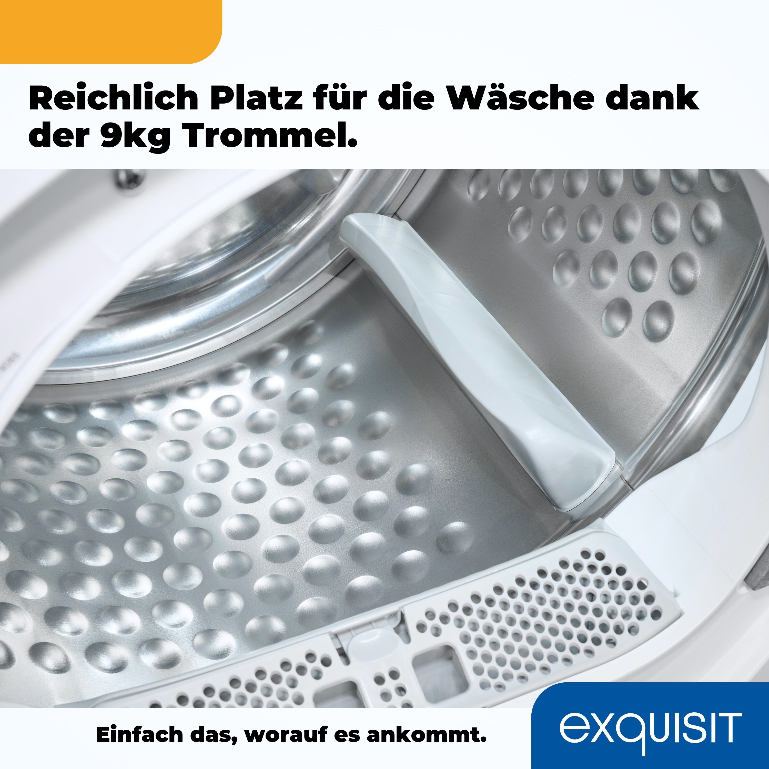 Waschmaschinenausstattung mit großer Trommel und Text: „Viel Platz für die Wäsche dank der 9kg Trommel“.
