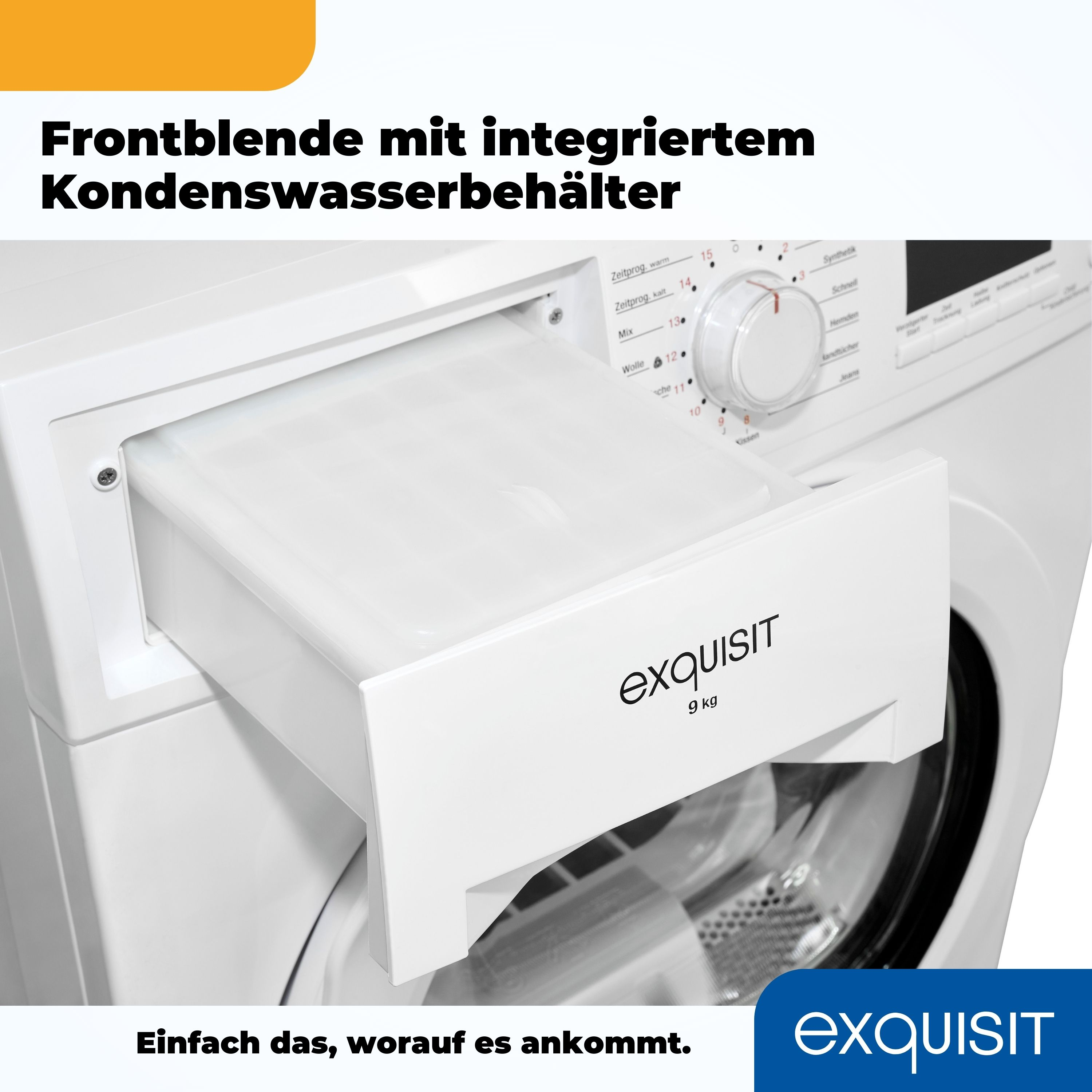 Weiße Waschmaschine mit geöffneter Waschmittelschublade. Text auf Deutsch.