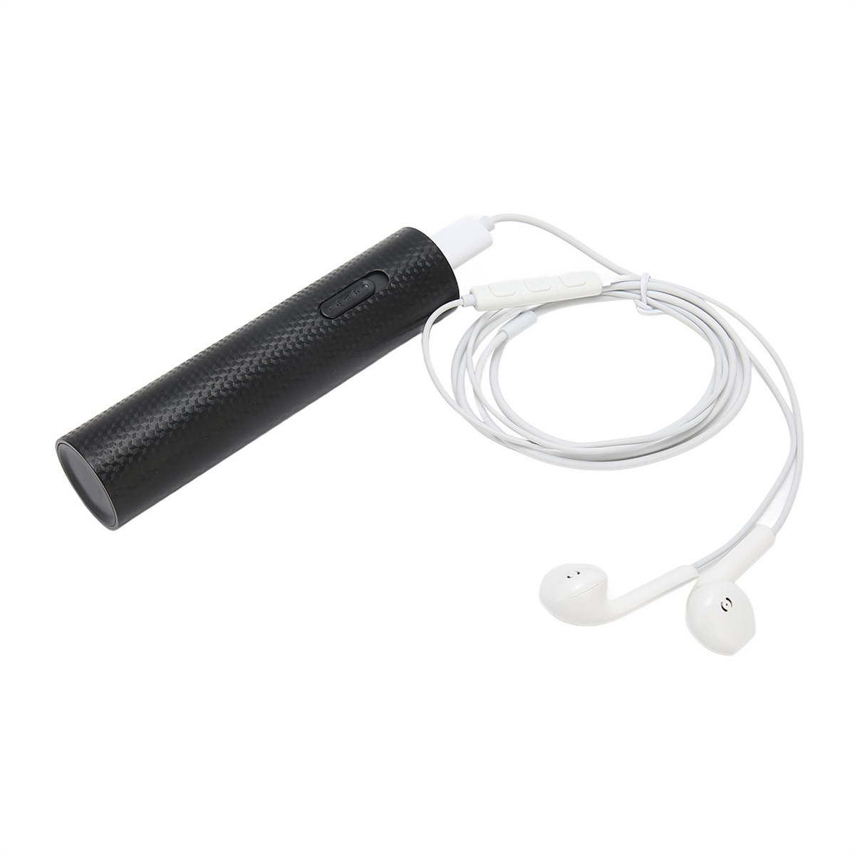 Schwarzes Gerät mit weißem Kabel und Ohrhörern. Das Gerät ist zylindrisch mit einem Knopf. Weißer Hintergrund.