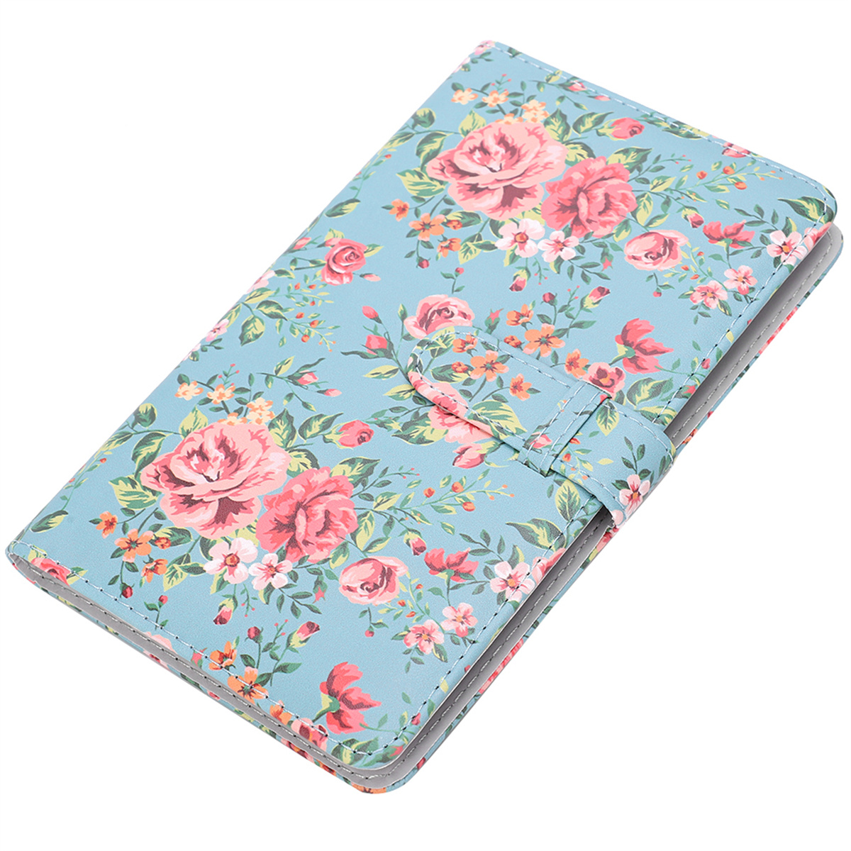Eine blaue Buchhülle mit Blumenmuster und einem Verschluss.