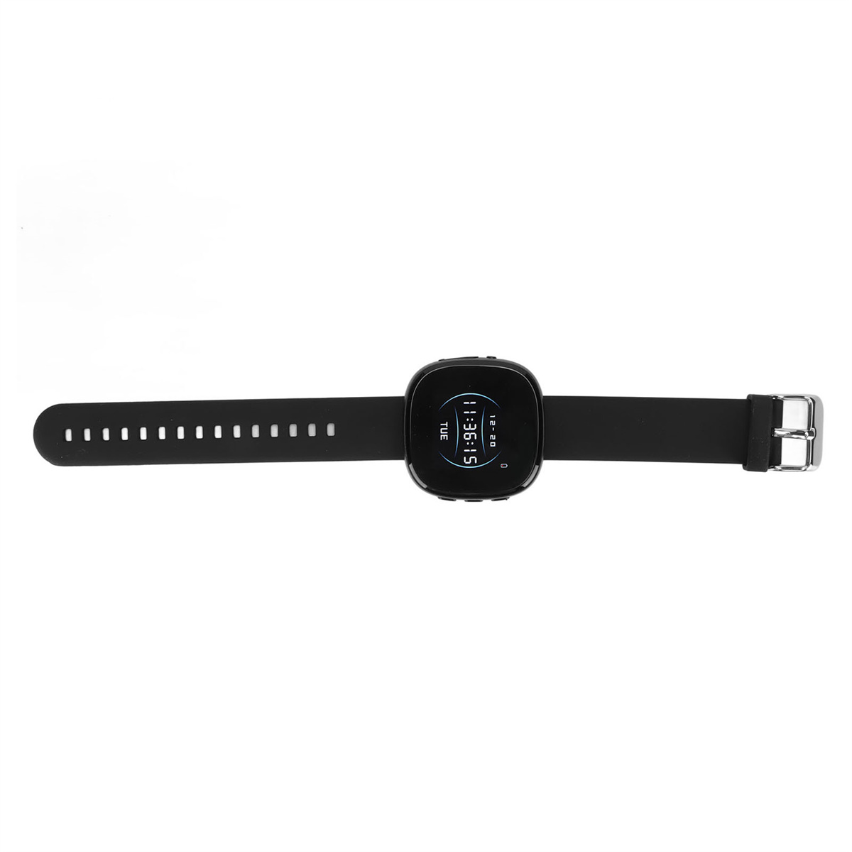 Schwarze Smartwatch mit Bildschirm. Die Uhr zeigt Zeit und Datum an. Das Armband ist schwarz.