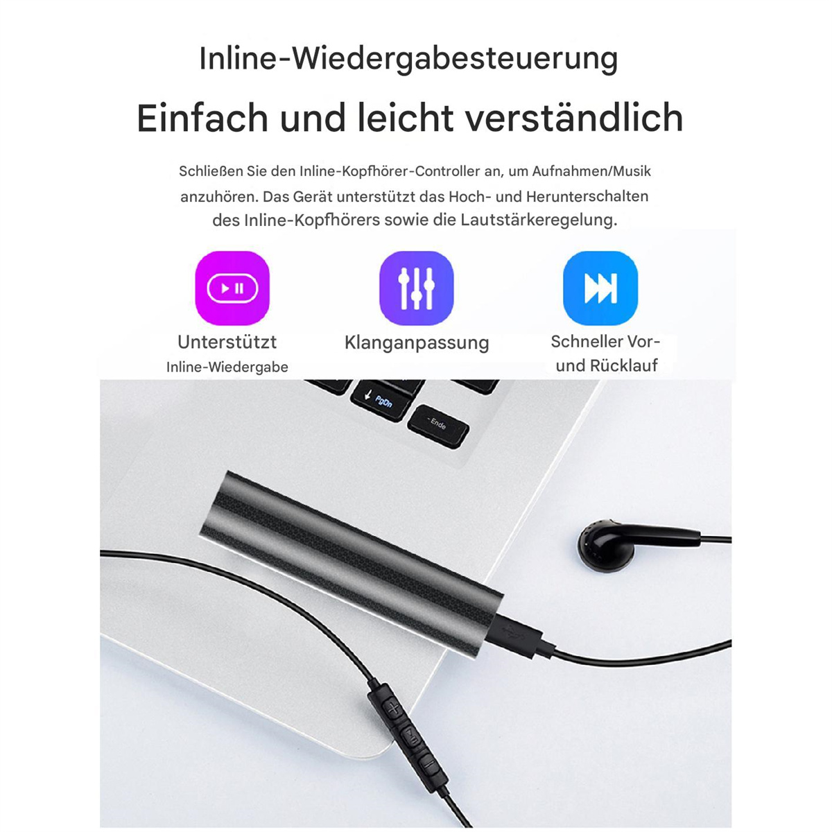 Inline-Kopfhörer-Controller mit drei Symbolen: Wiedergabe, Equalizer und Vorwärts-/Rückwärtssteuerung, und ein Laptop.