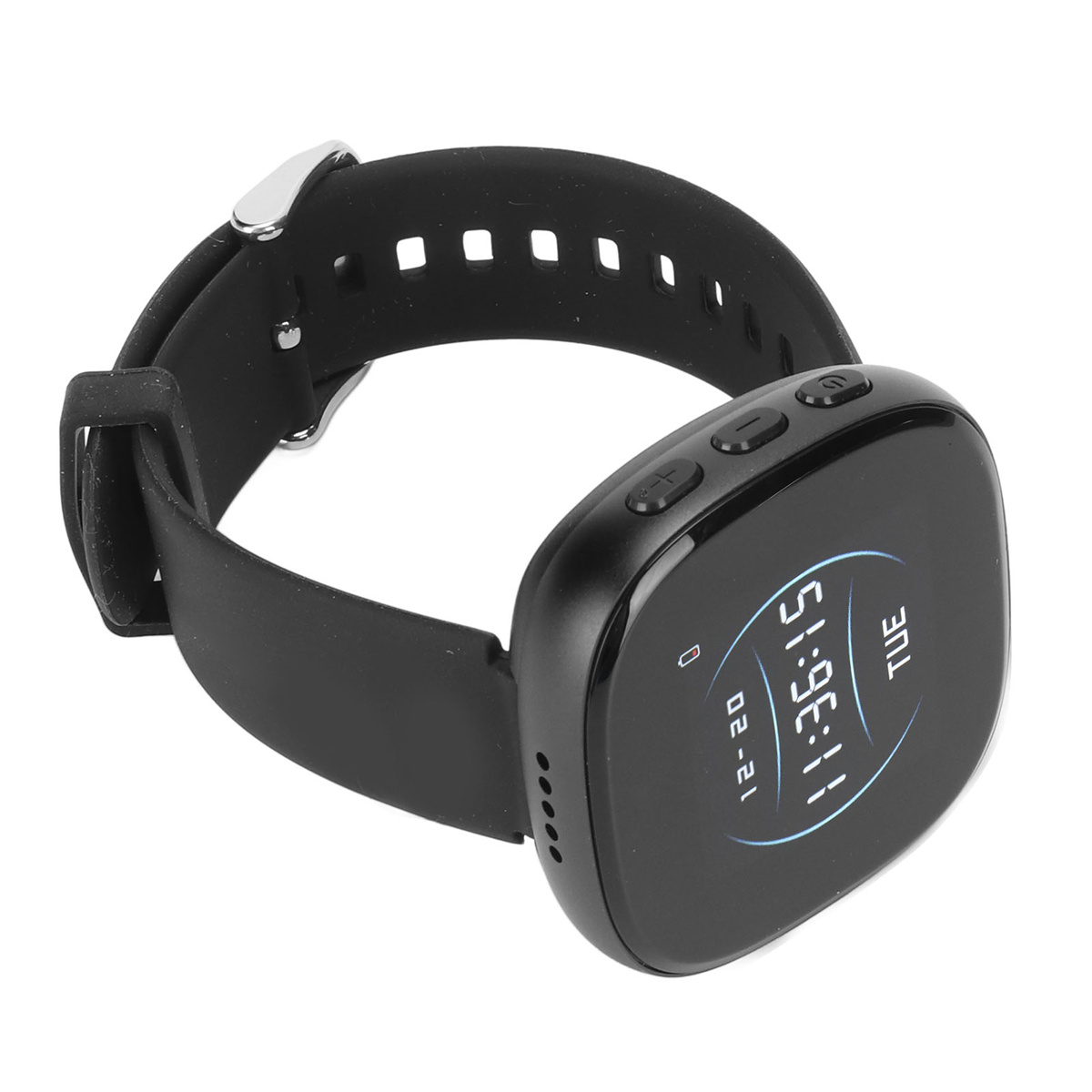 Eine schwarze Smartwatch mit schwarzem Armband, die Zeit und Datum auf dem Bildschirm anzeigt.