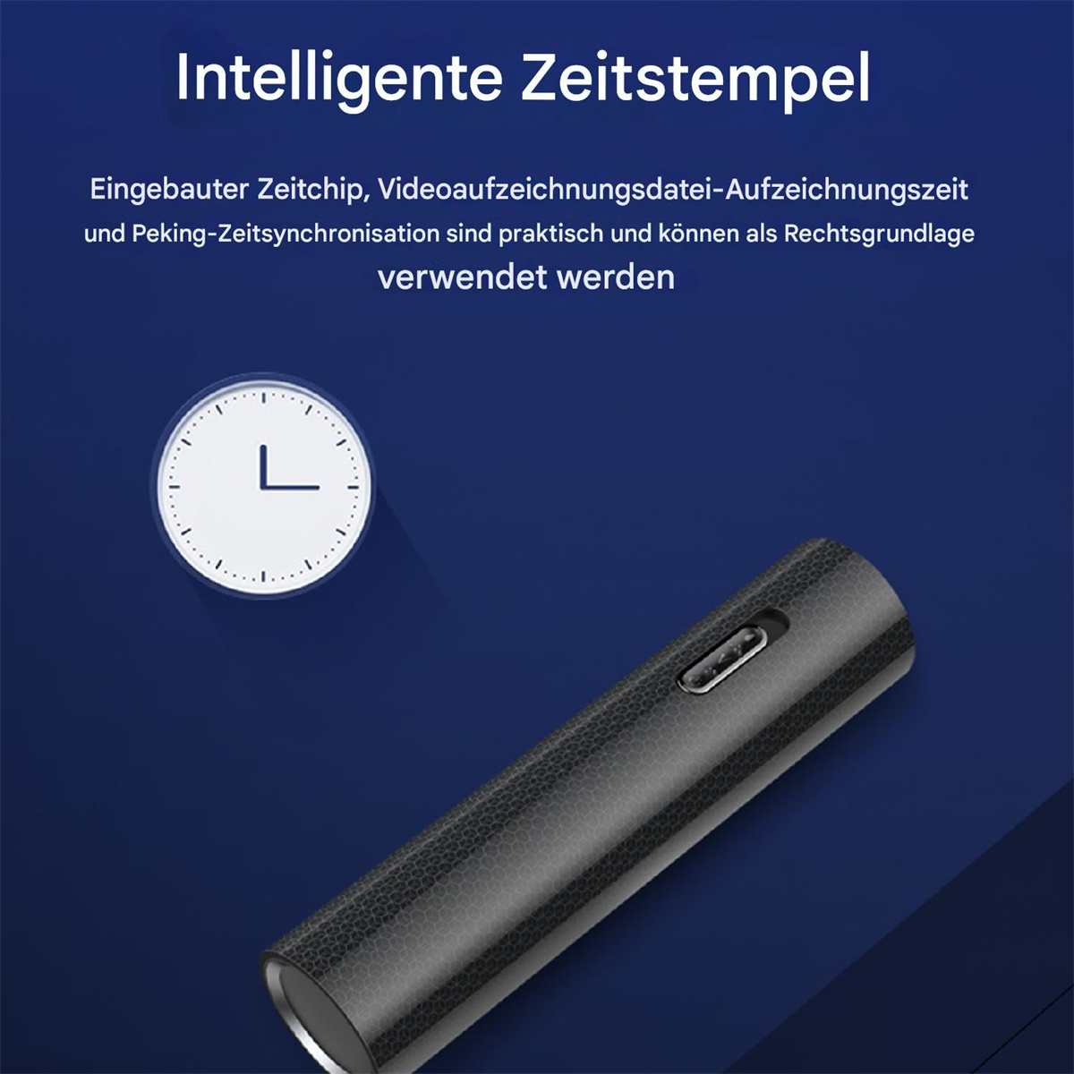 Ein schwarzes stiftähnliches Gerät mit einem Uhrensymbol, auf dunkelblauem Hintergrund. Text: "Intelligente Zeitstempel".