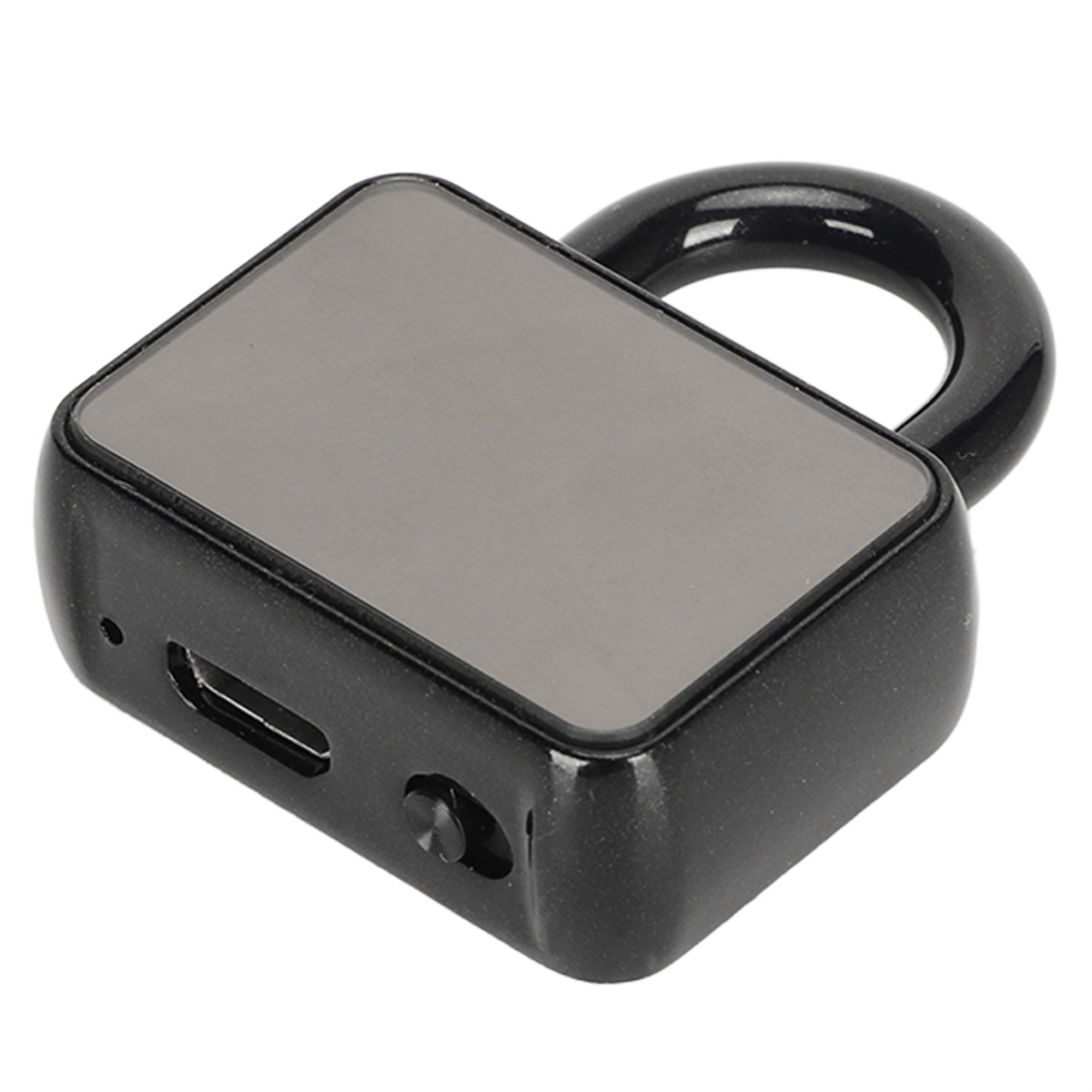 Schwarzer schlossförmiger Recorder mit Schlaufe. Er hat einen USB-Anschluss. Weißer Hintergrund.