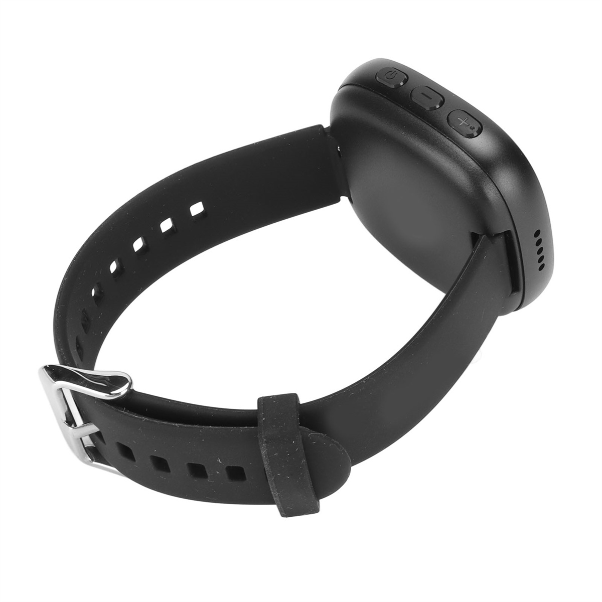 Schwarze Smartwatch auf weißem Hintergrund. Sie hat ein schwarzes Armband und Knöpfe an der Seite.