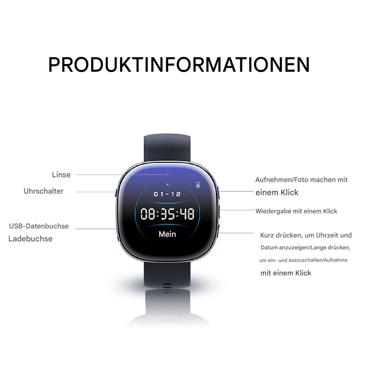 Eine Smartwatch mit digitaler Anzeige, die die Zeit anzeigt, mit Textbeschriftungen.