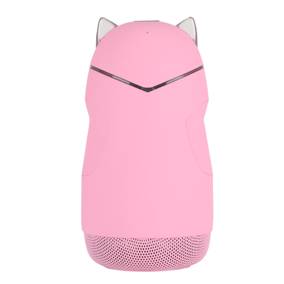 Ein rosa Lautsprecher in Katzenform. Es hat Katzenohren und einen Maschenboden.